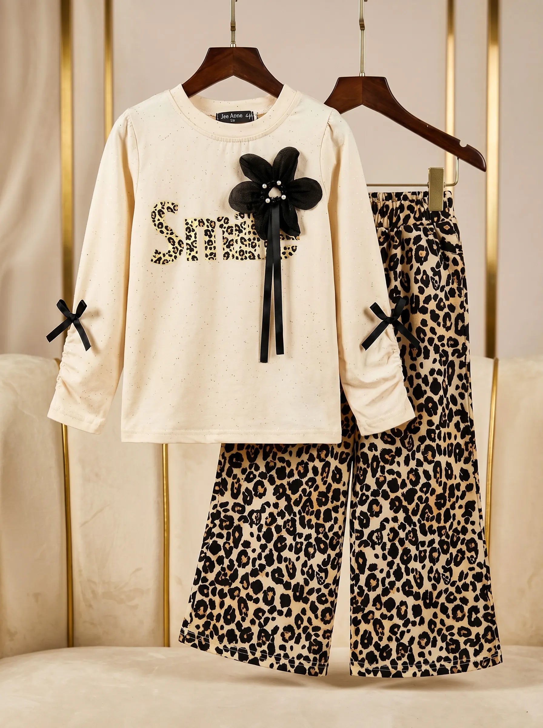 Girl's Chic Leopard Print Two-Piece Set - Jersey Top & Flowing Silk Pants
