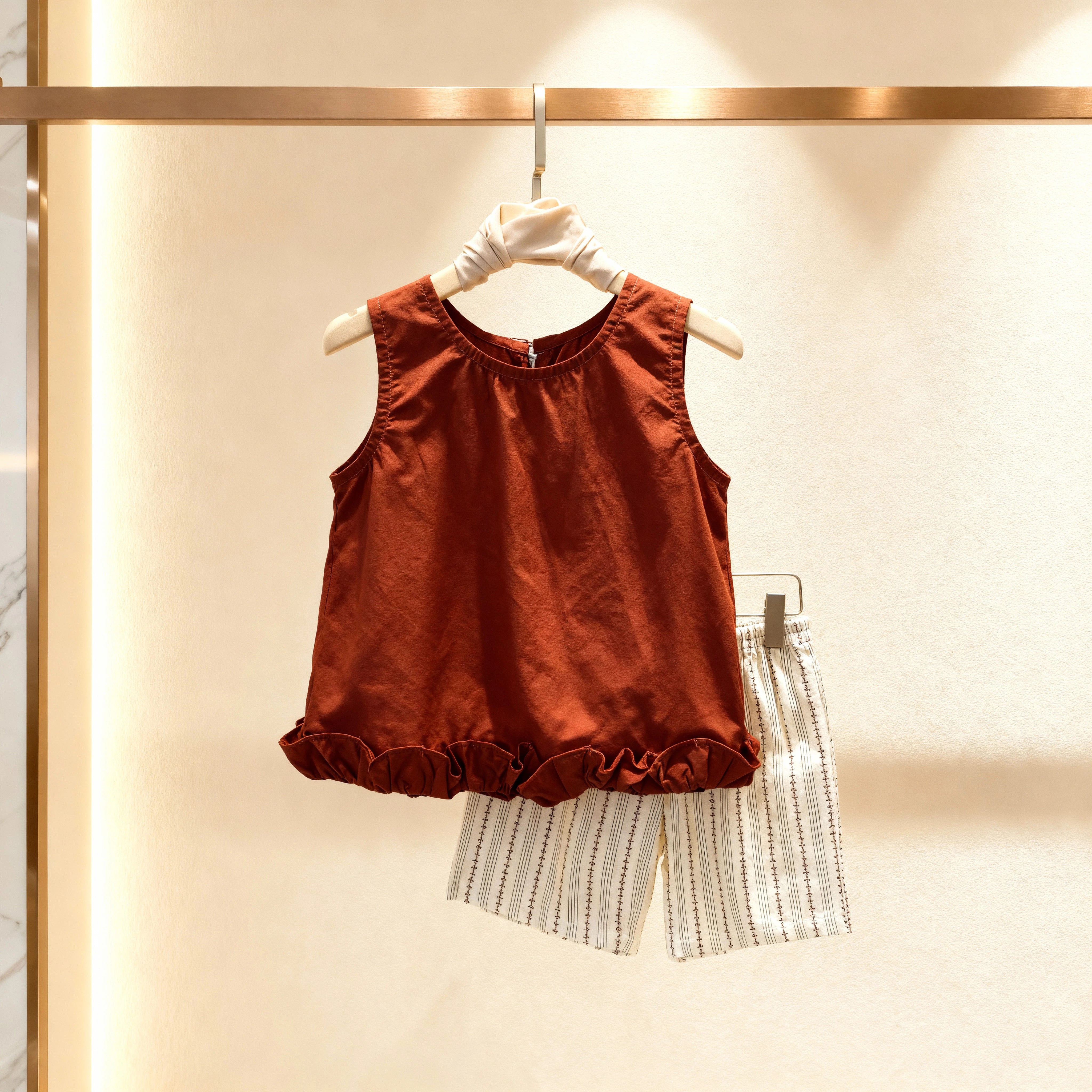 Terracotta Ruffle Top & Striped Shorts Set