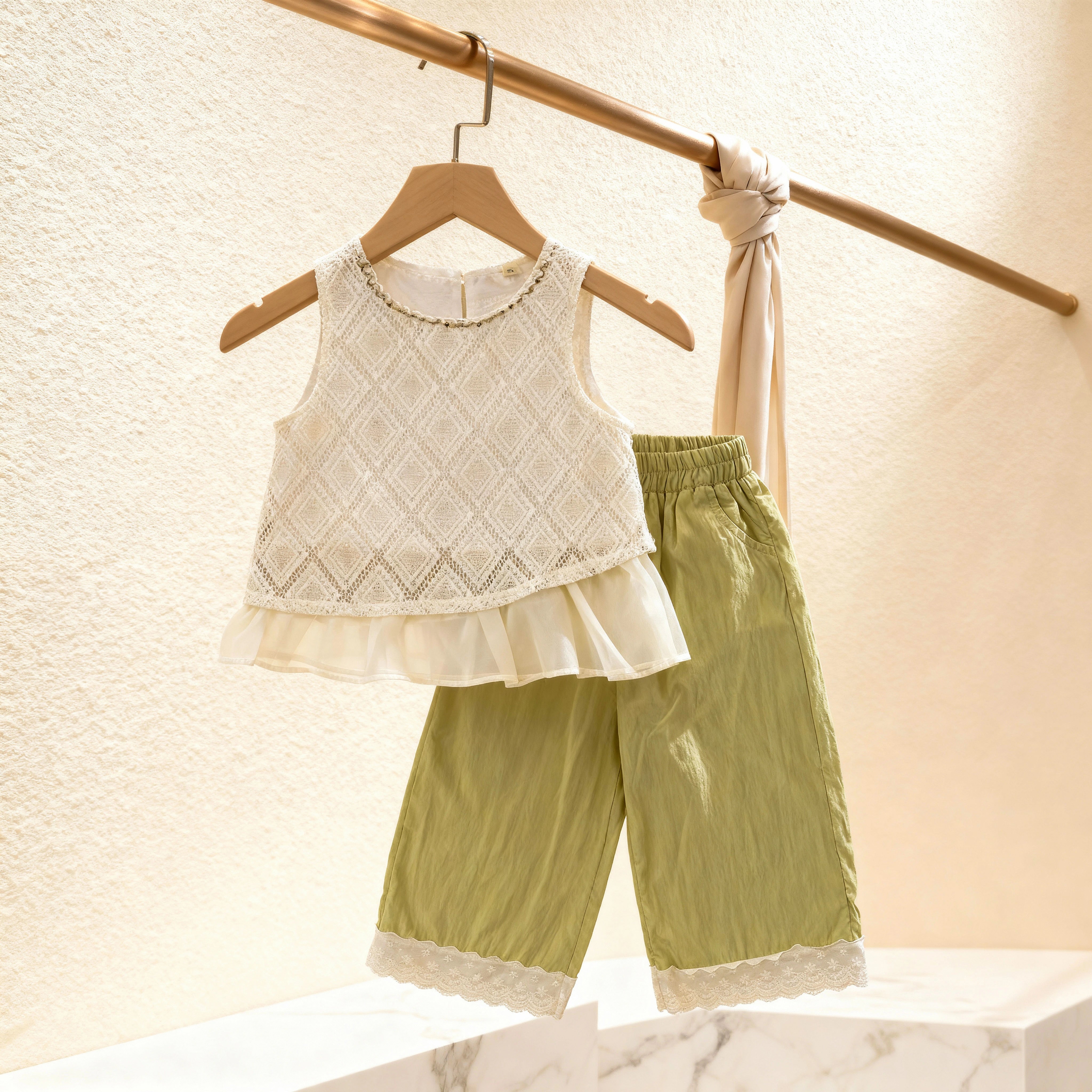 Elegant Crochet-Lace Top & Sage Wide-Leg Trouser Set