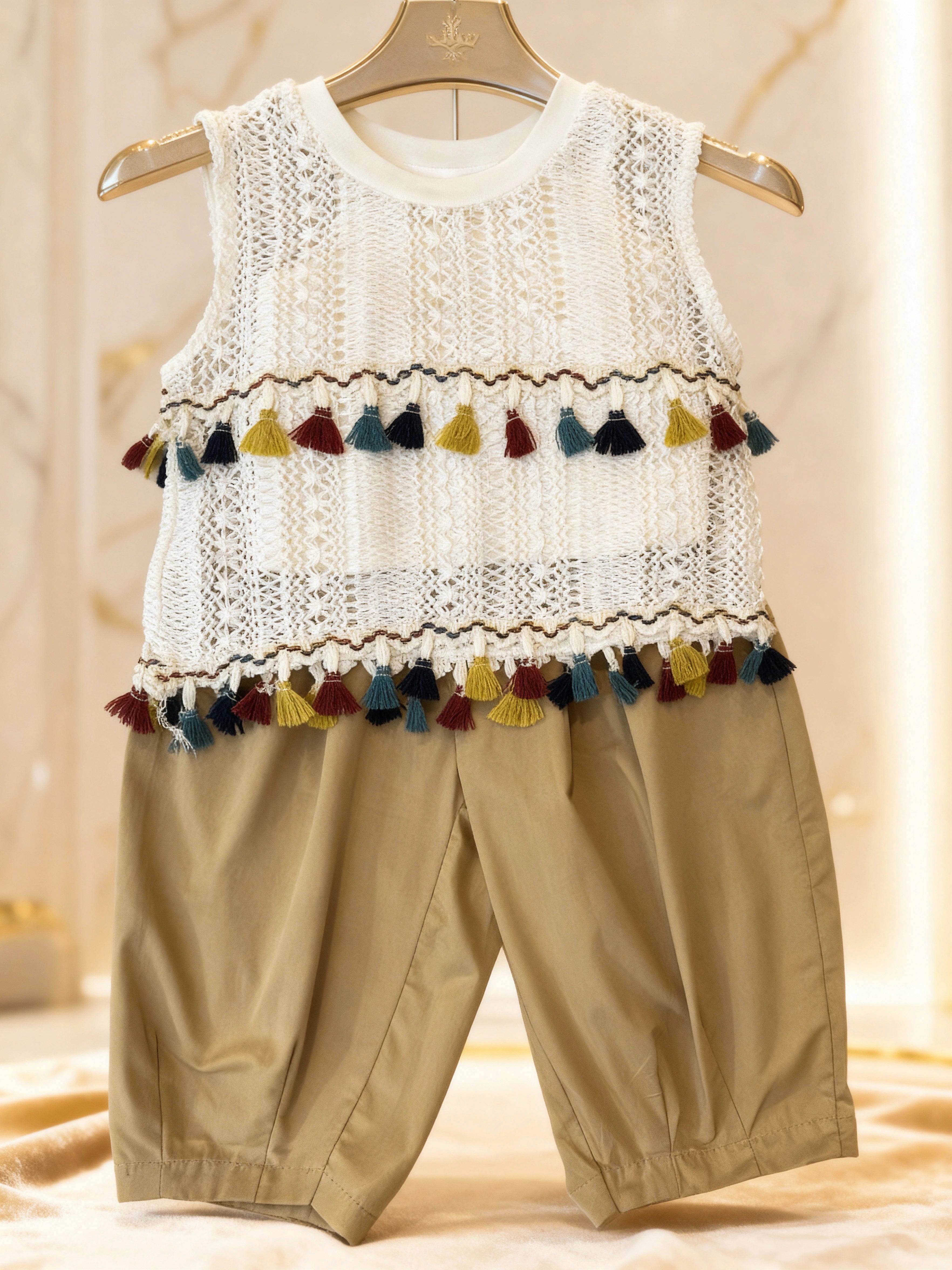 Boho Lace Tassel Top & Khaki Bloomers Set