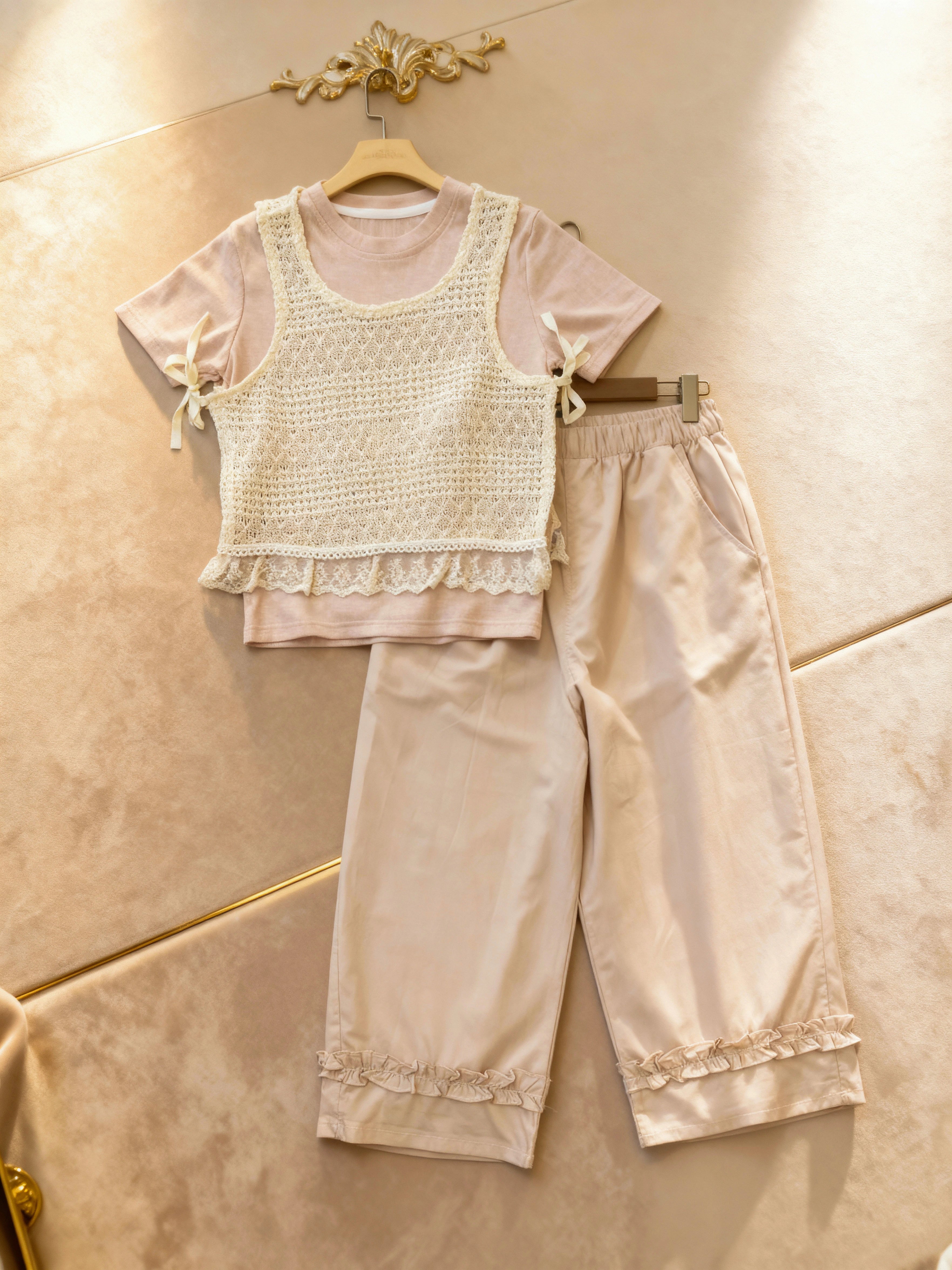 Three-Piece Knit Tee & Lace Vest Set with Ruffled Trousers