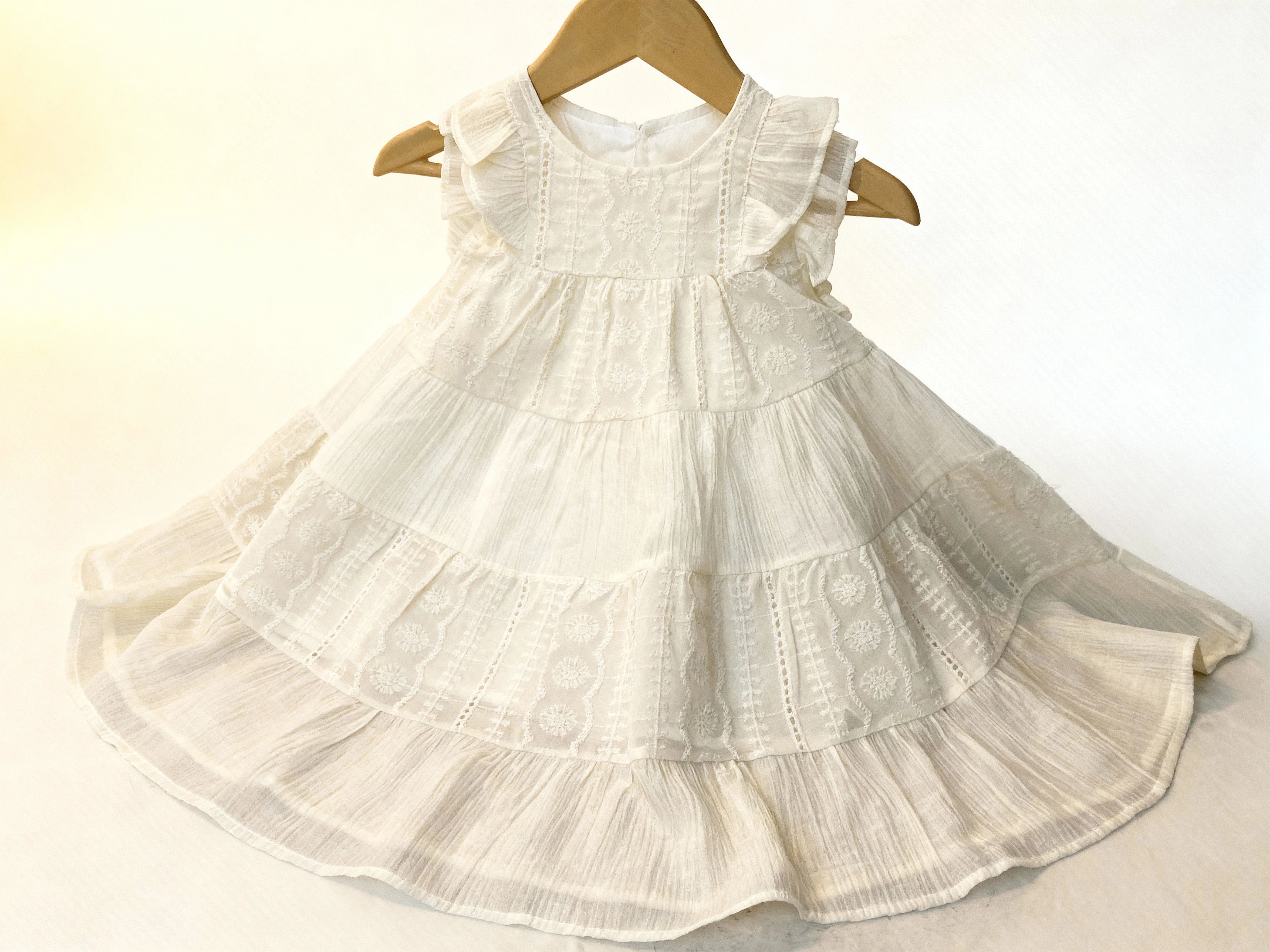Elegant White Embroidered Tiered Sun Dress