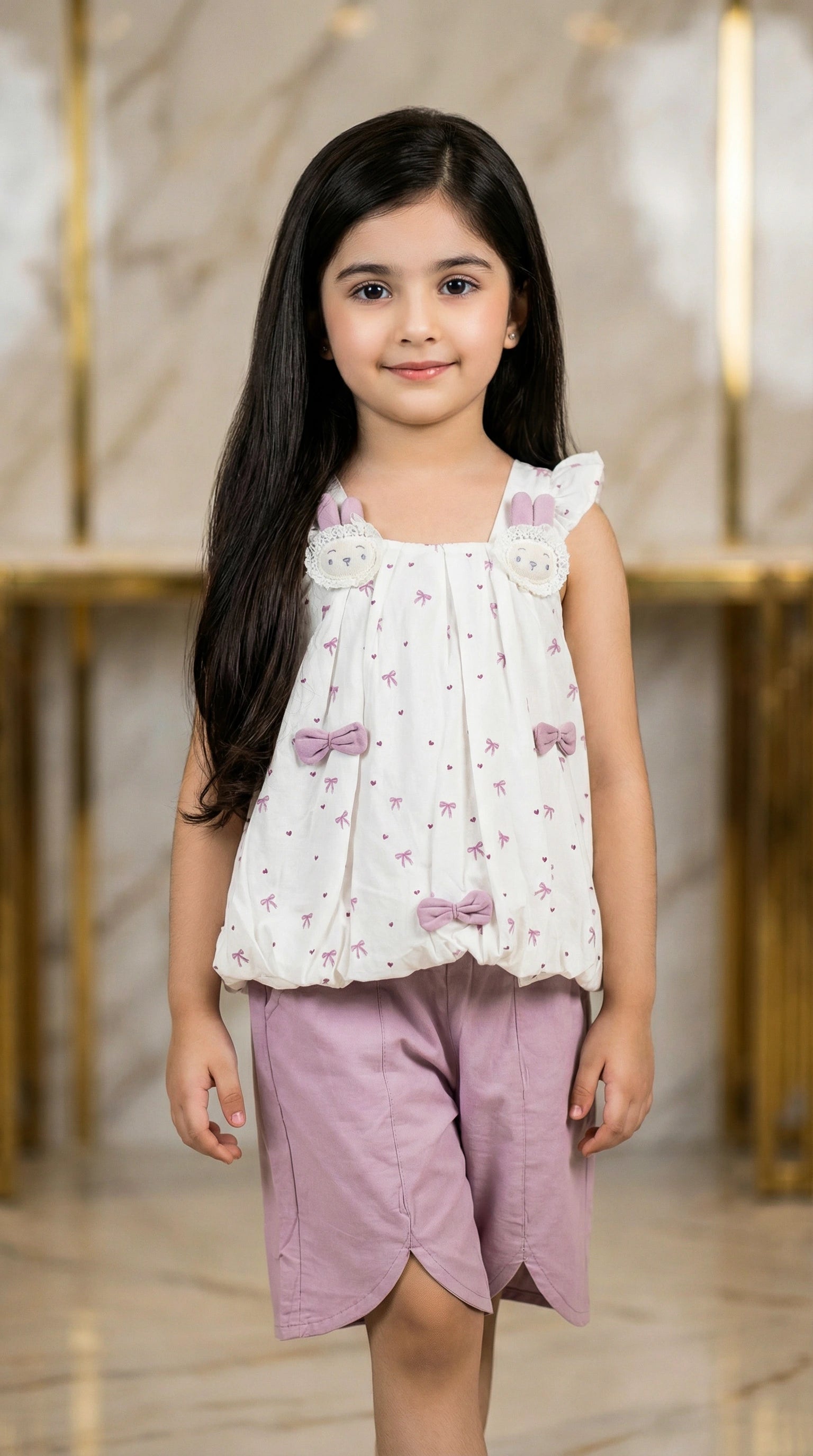 Bunny Motif Bubble Top & Mauve Shorts Set