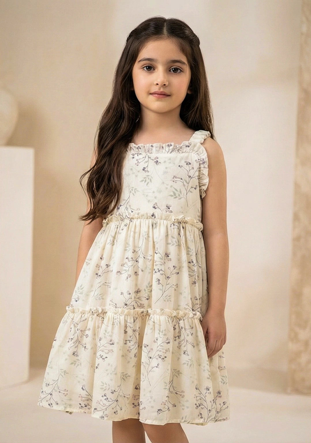 Floral Branch Tiered Ruffle Sun Dress