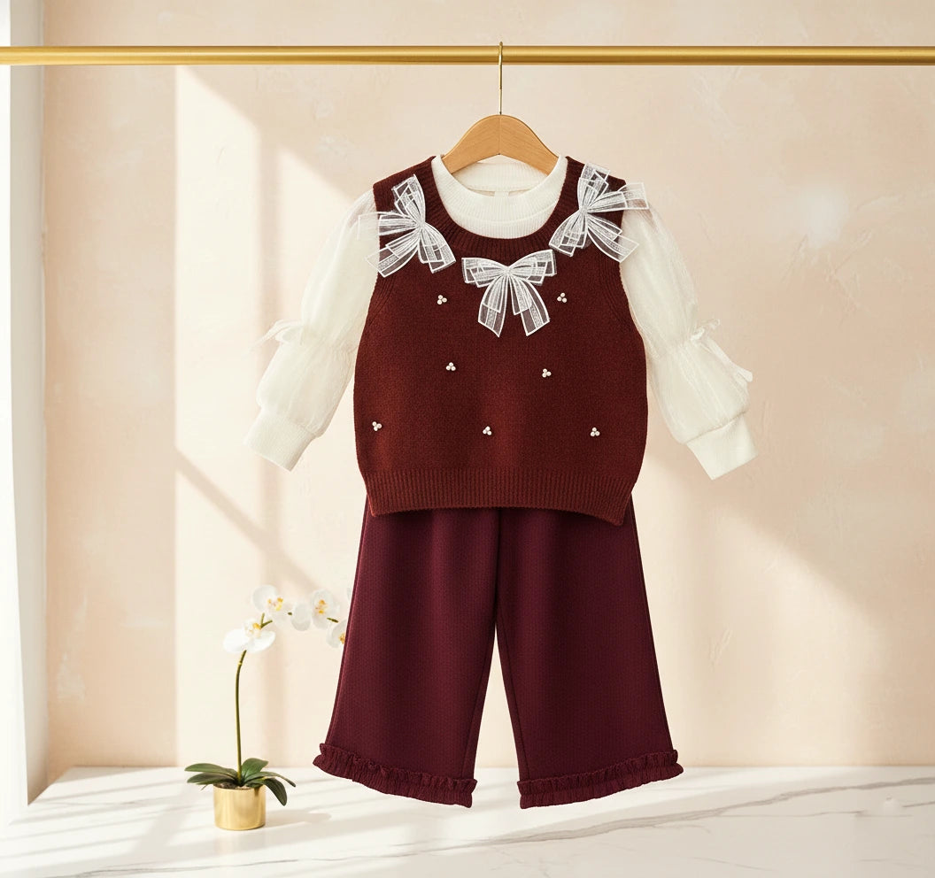 Burgundy & Cream 3-Piece "Sprinkle" Knit Sweater set