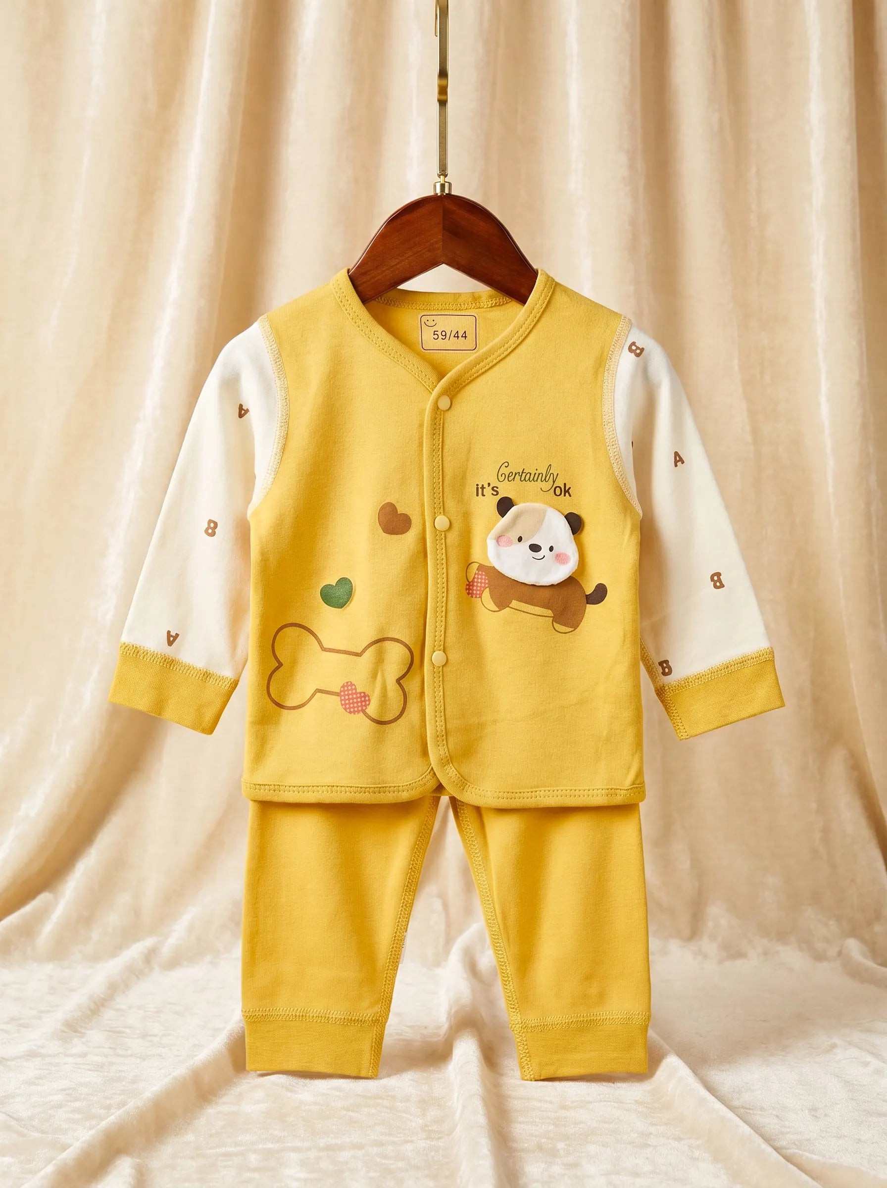 Yellow "Bone & Heart" Print Premium Cotton Baby Outfit Set
