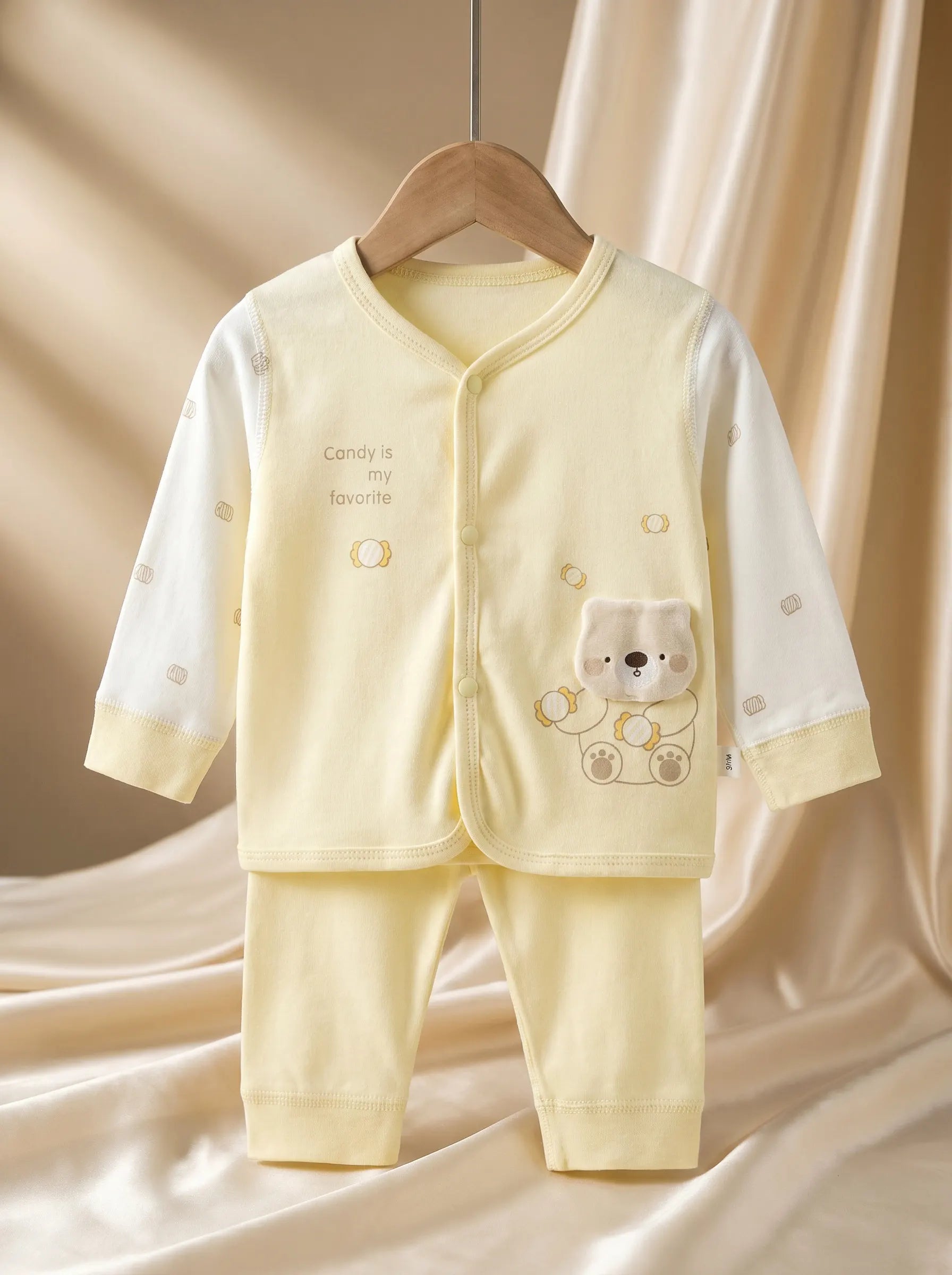 Soft Cotton Teddy Bear Pajama Set in Butter Yellow