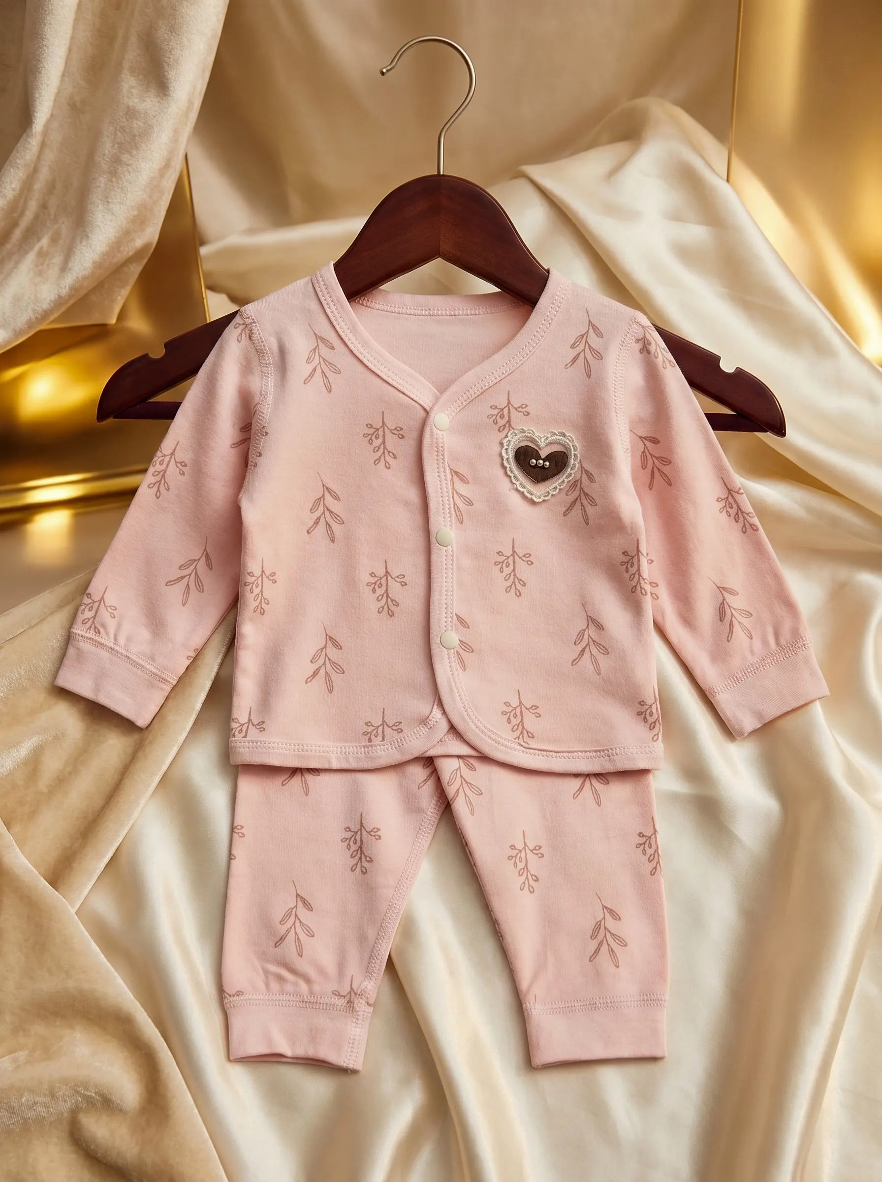 Rose Pink Leaf Print Imported Baby Set