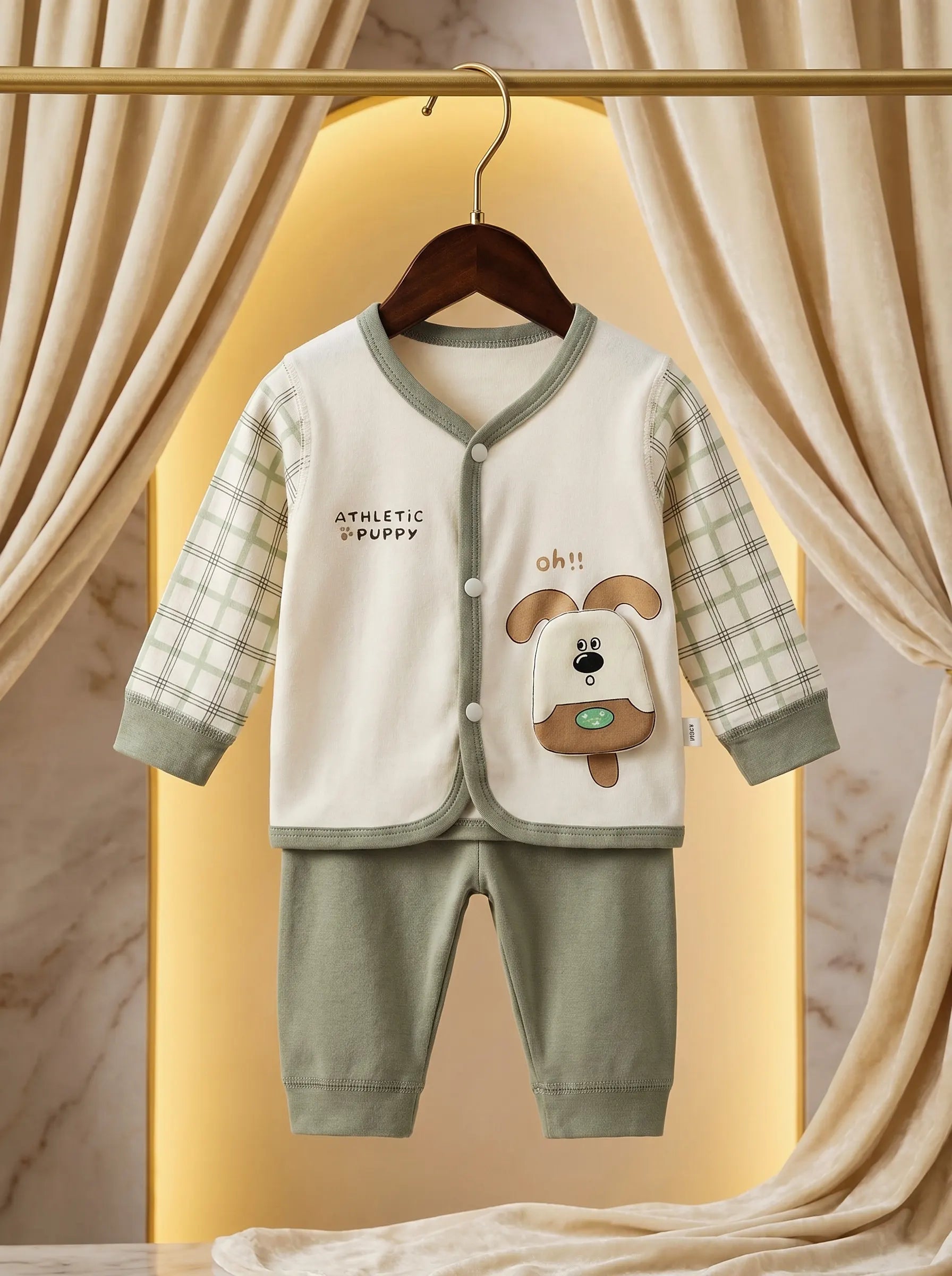 Ultra Soft Terry Knit Outfit in White & Olive Green