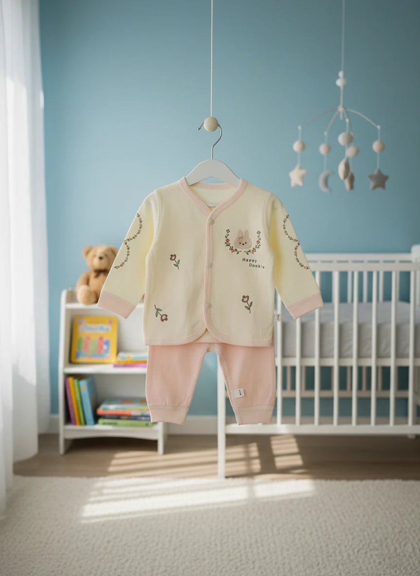 Off White & Pink Ultra Soft Terry Knit Imported Baby Set