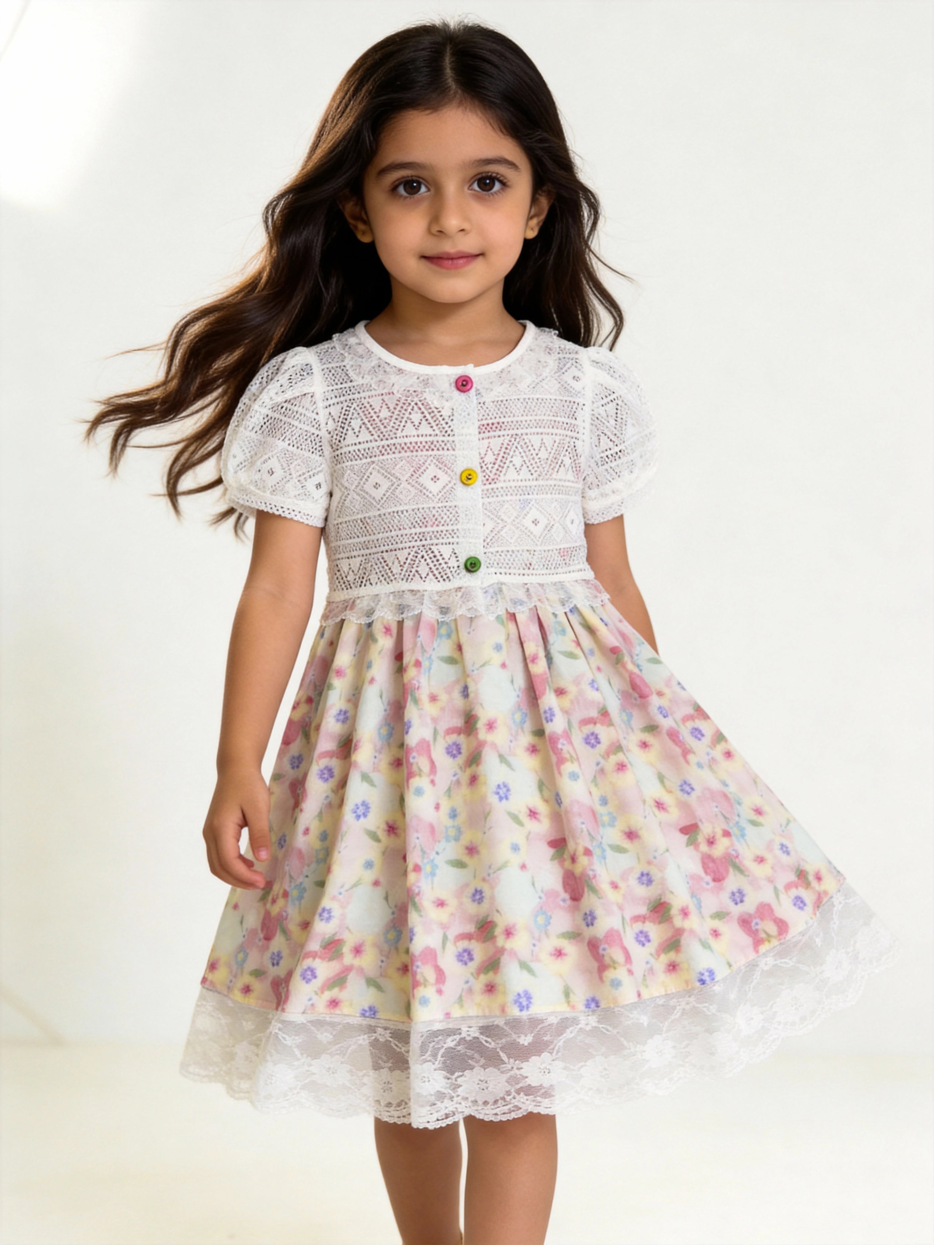 Short-Sleeve Floral Dress with Crochet Overlay