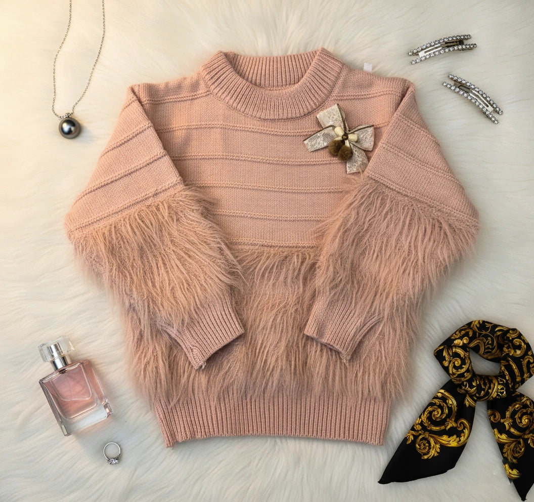 Dusty Rose Pink Faux Fur Accent Knit Sweater and Flare Pants Set
