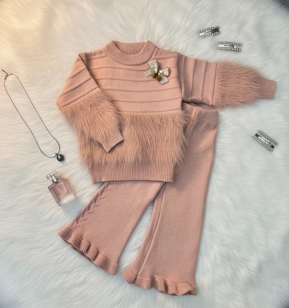 Dusty Rose Pink Faux Fur Accent Knit Sweater and Flare Pants Set