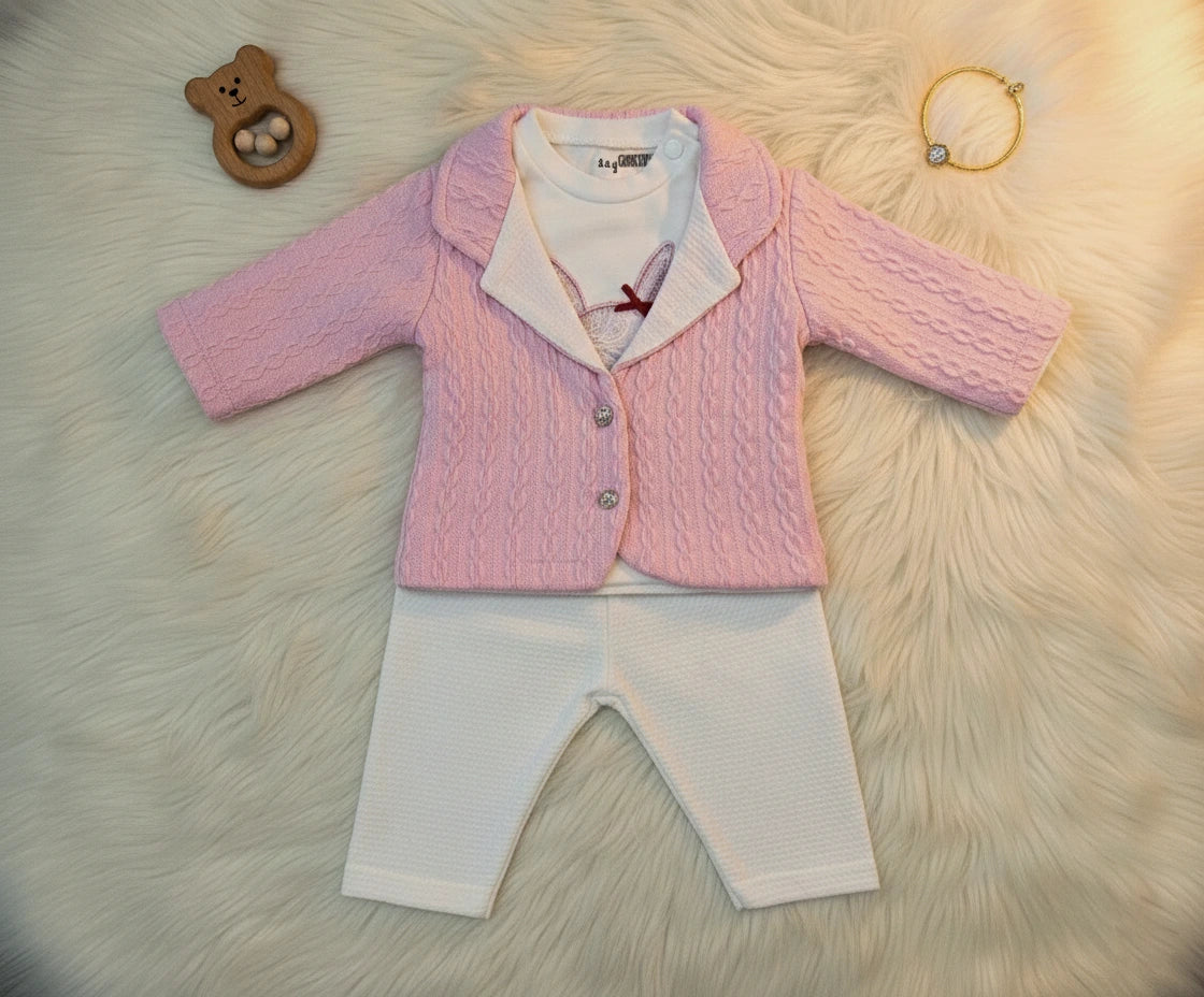 3-Piece Ulta Soft Waffle-Knit Baby Sweater Set in Pink & White