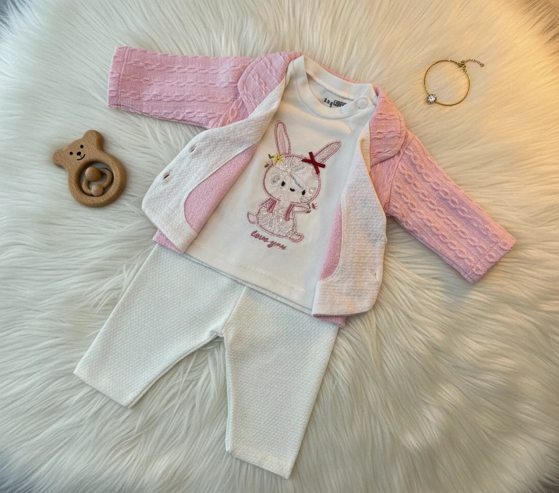 3-Piece Ulta Soft Waffle-Knit Baby Sweater Set in Pink & White