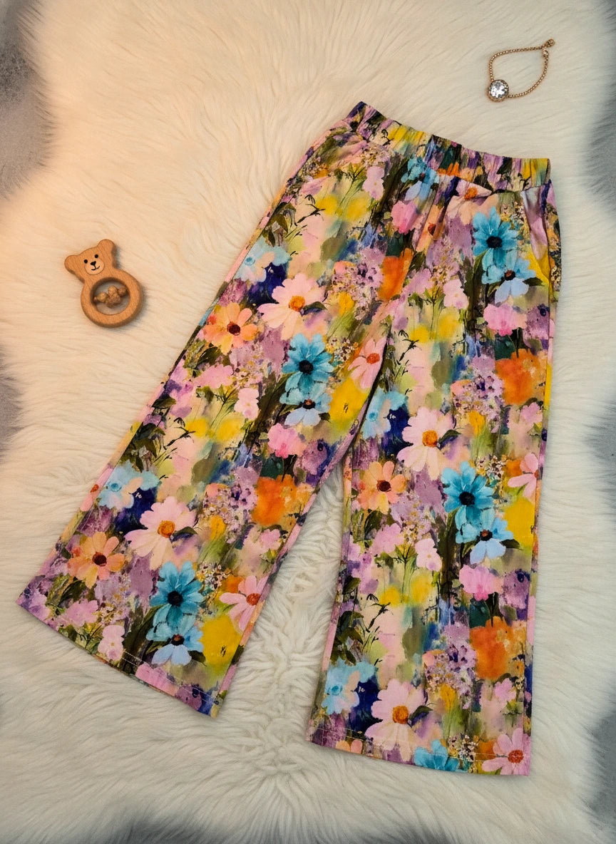 Girl's Bloom Set - Graphic Top & Flowing Silk Floral Pants