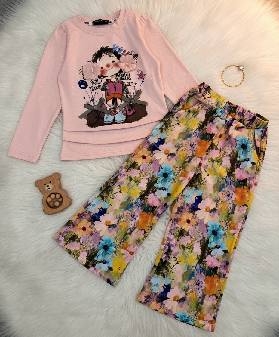 Girl's Bloom Set - Graphic Top & Flowing Silk Floral Pants
