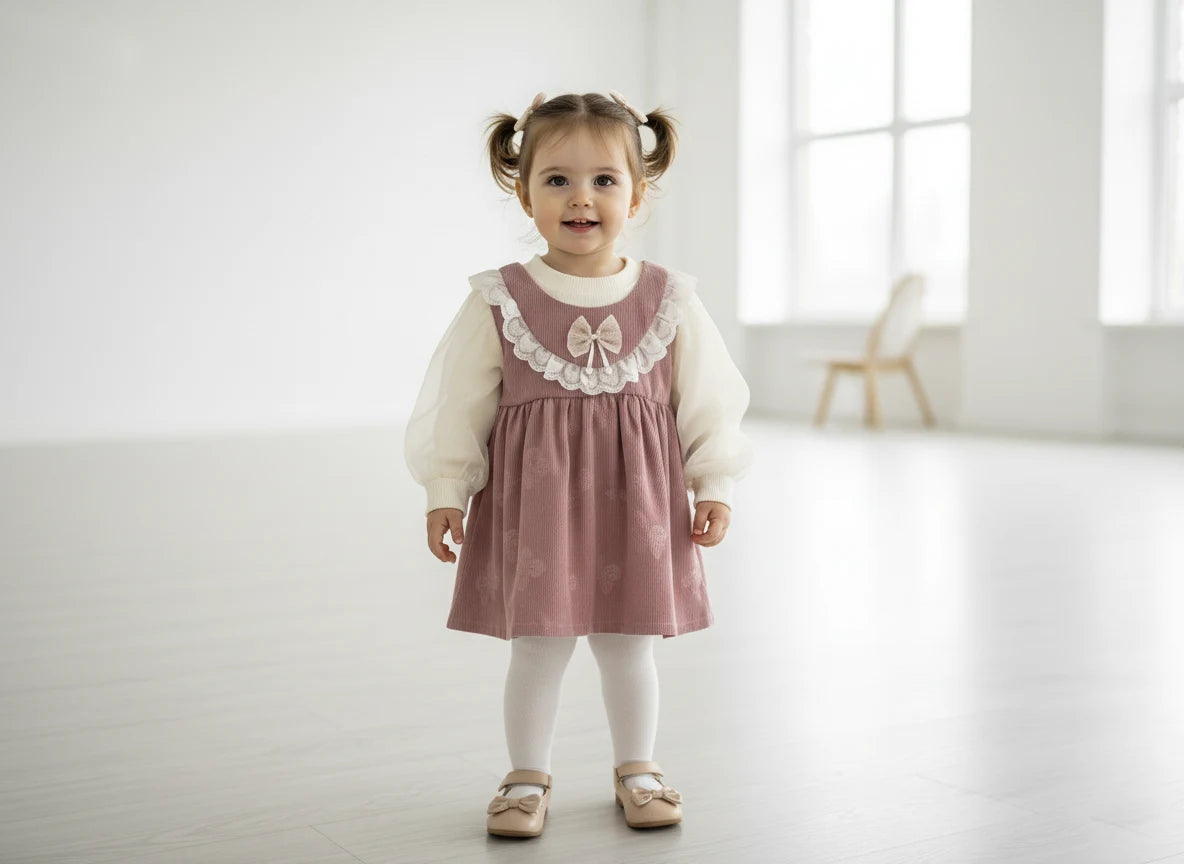 Imported Two-in-One Corduroy Frock with Chiffon Sleeves - Lace & Bow