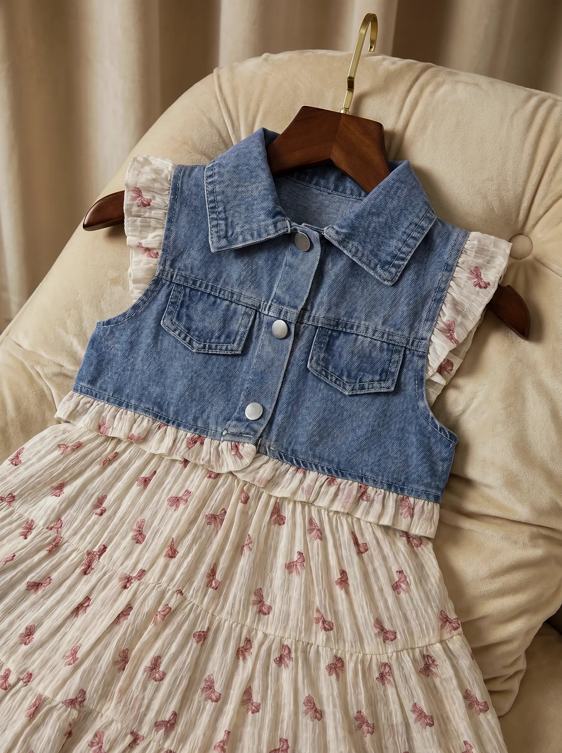 Luxury Imported Denim Vest & Bow-Print Tiered Dress Set