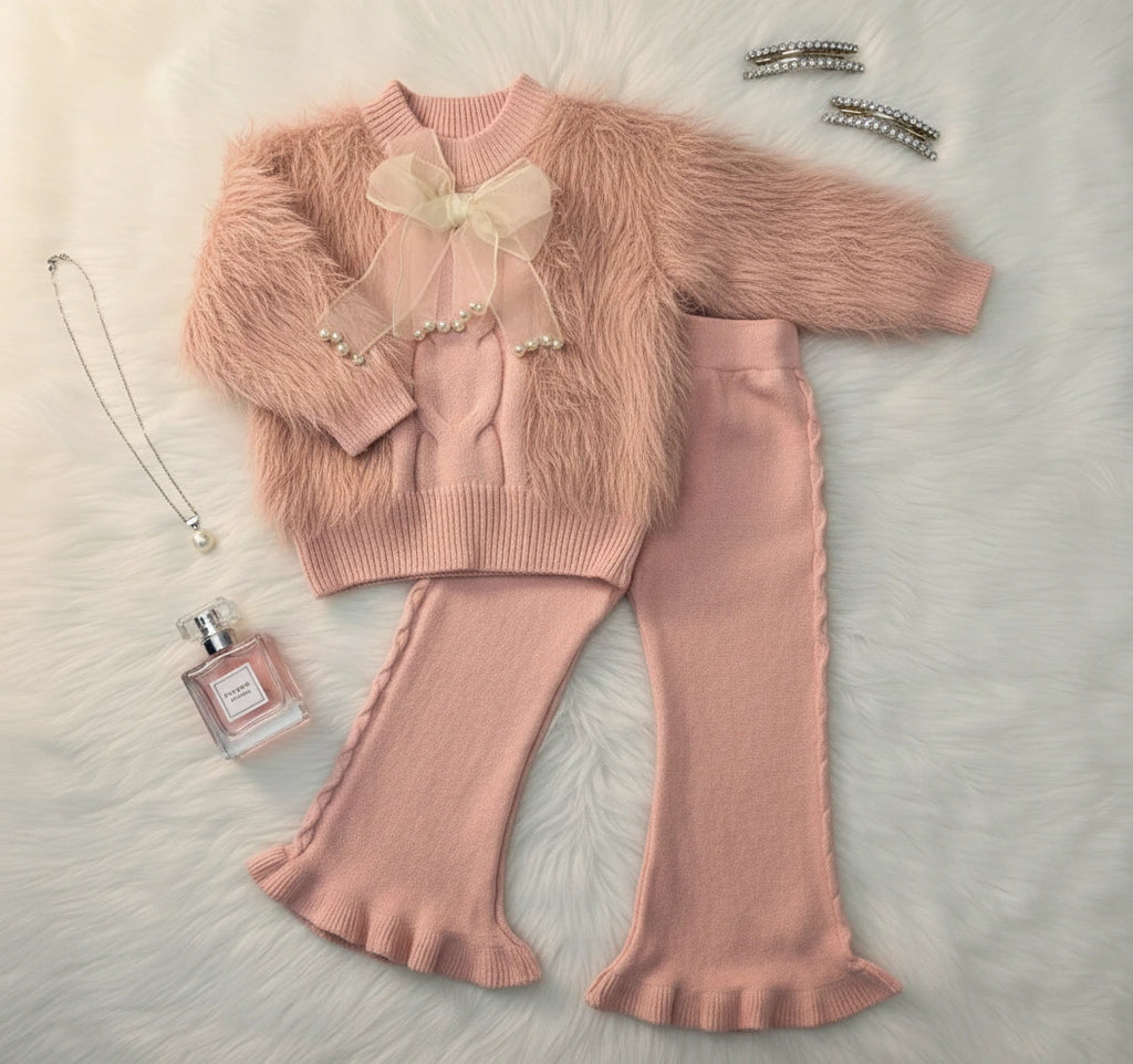 Blush Pink Fluffy Knit Sweater and Ruffle Hem Pants Set