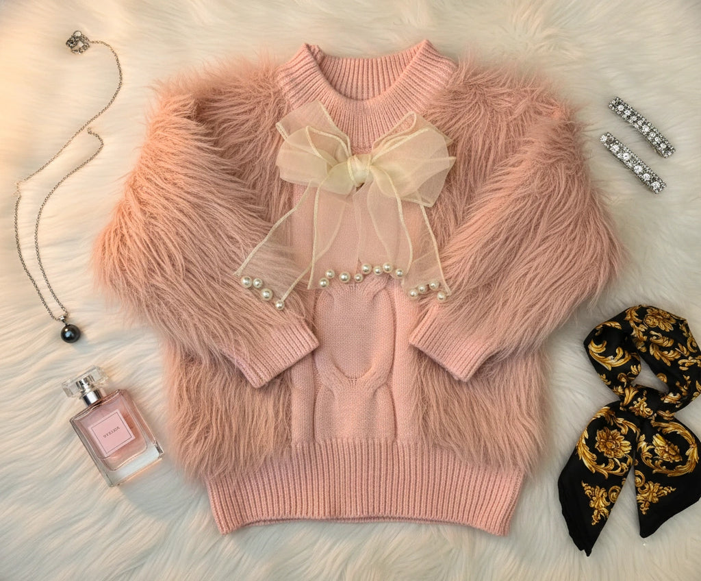 Blush Pink Fluffy Knit Sweater and Ruffle Hem Pants Set