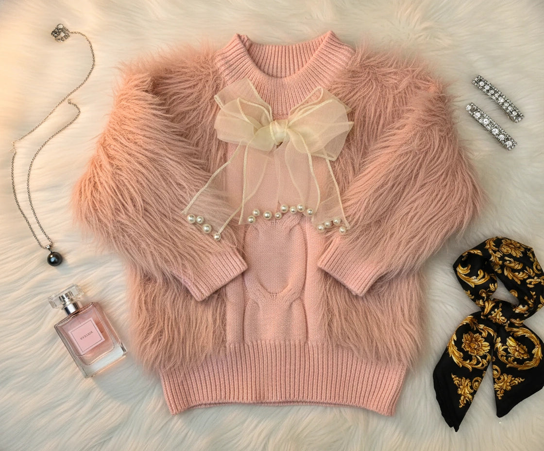 Blush Pink Fluffy Knit Sweater and Ruffle Hem Pants Set