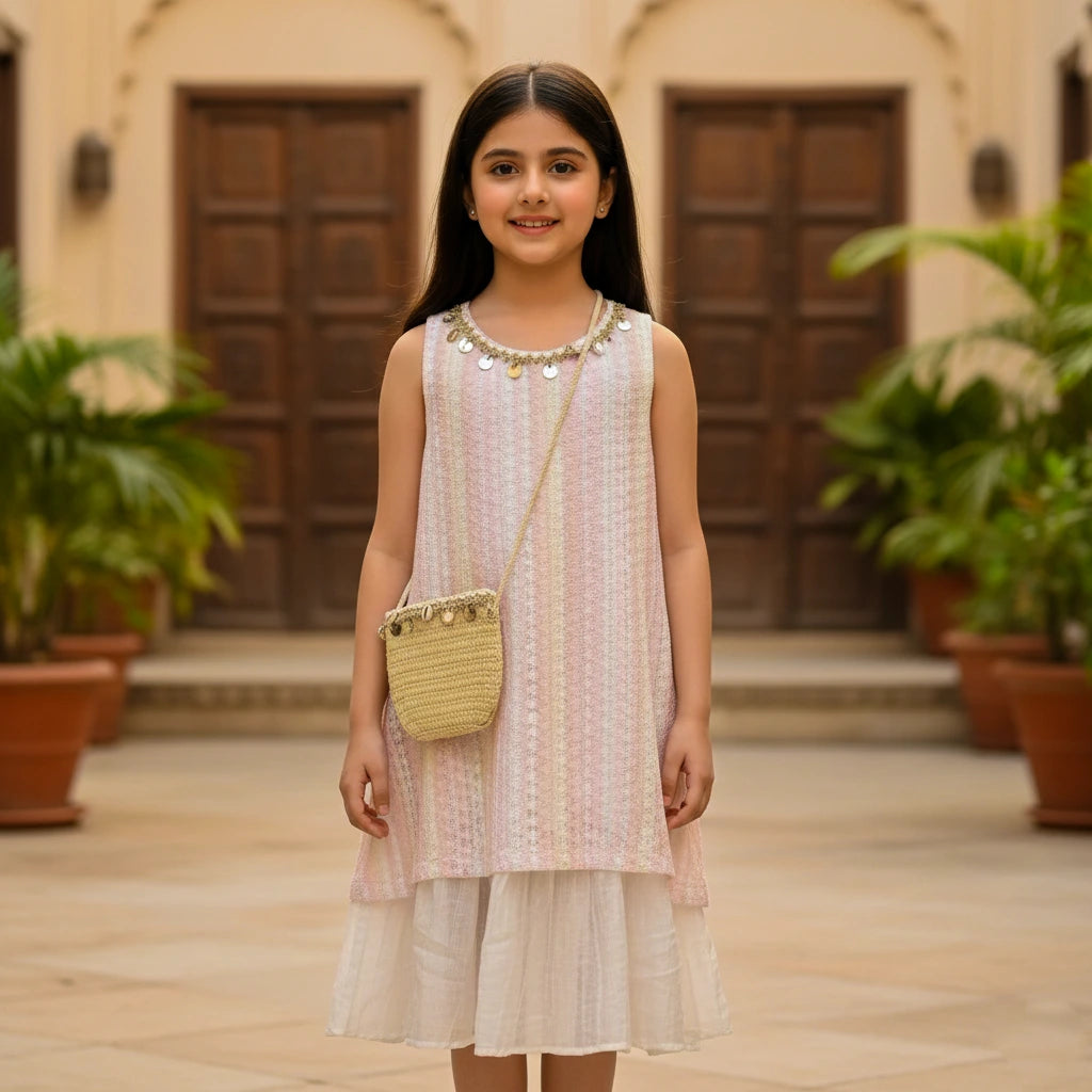 Boho-Chic Pink Striped Tunic with Straw Crossbody Bag