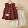 Imported Terracotta Ruffle Top & Striped Shorts Set