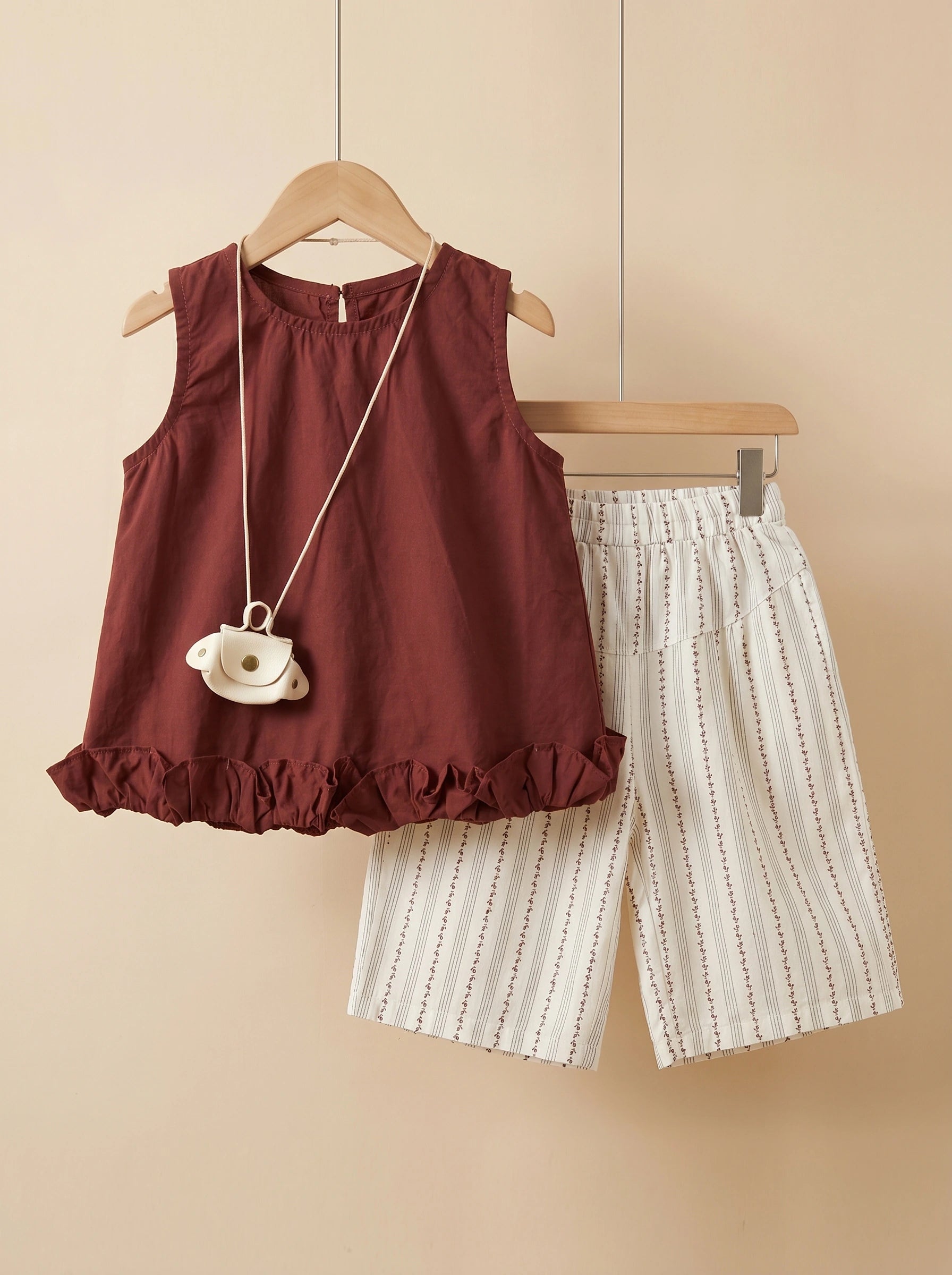Imported Terracotta Ruffle Top & Striped Shorts Set