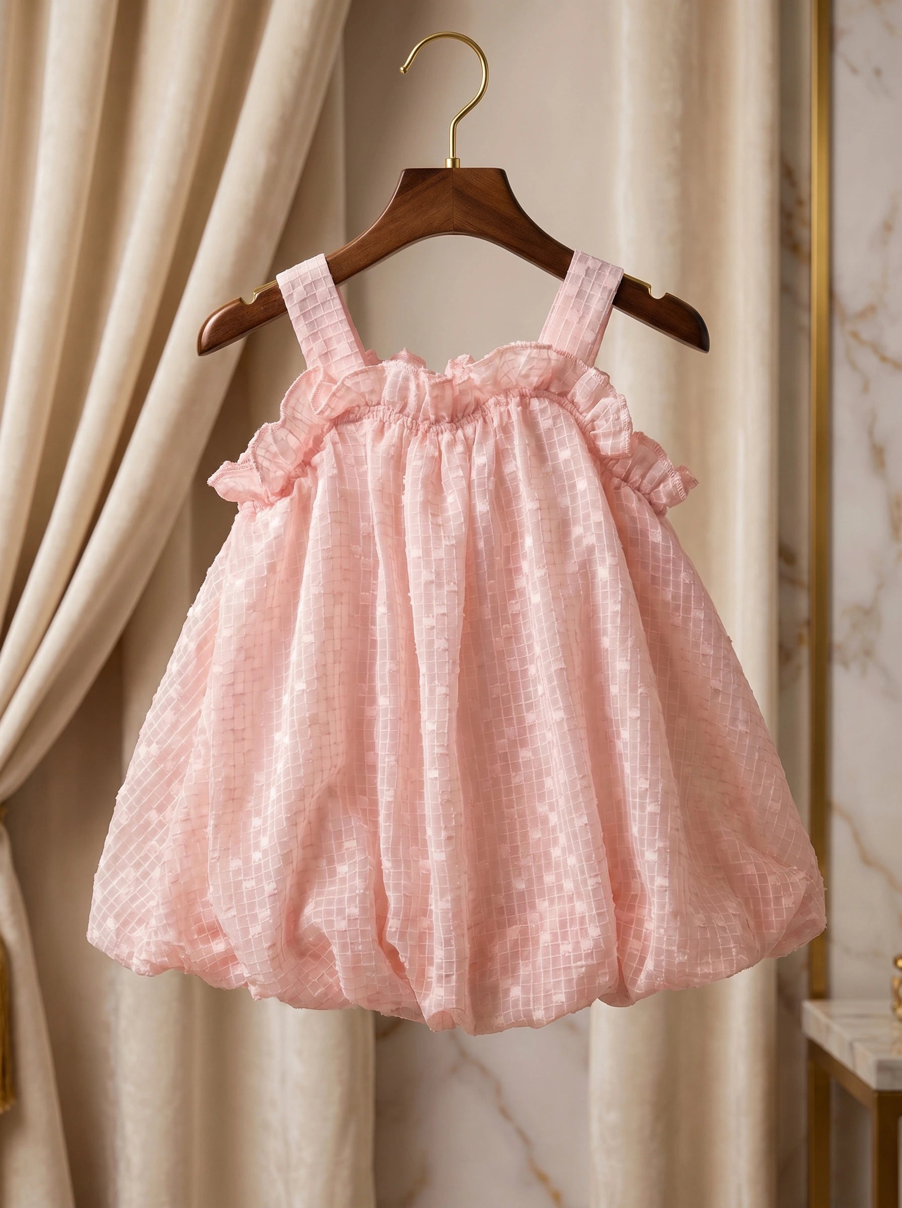 Premium Imported Pink Plaid Textured Bubble Top