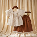 Imported Floral Button-Down Blouse & Toffee Shorts Set