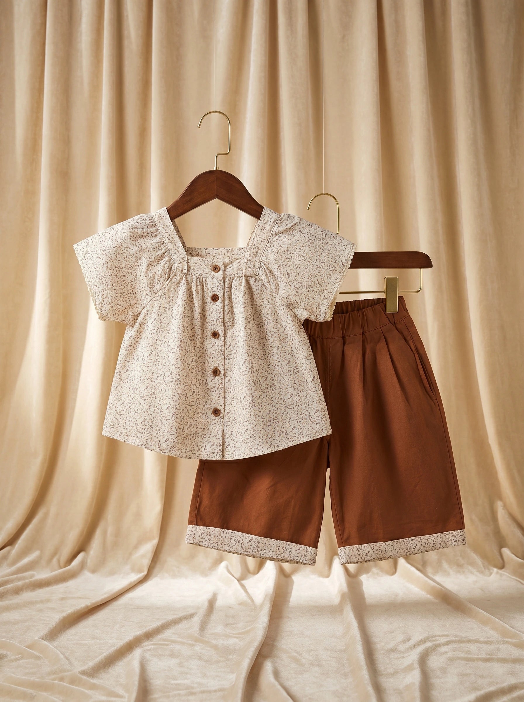 Imported Floral Button-Down Blouse & Toffee Shorts Set