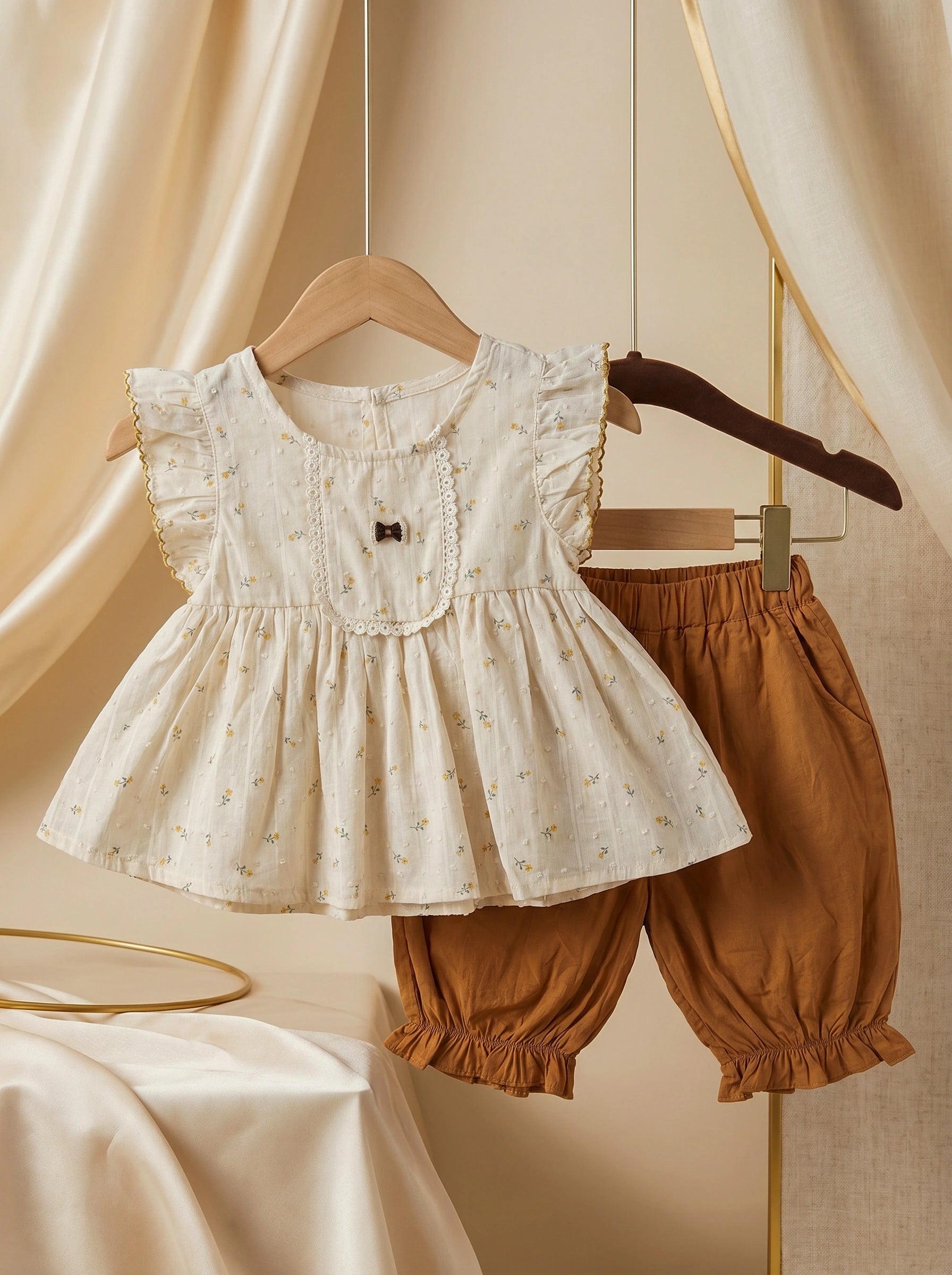 Premium Floral Swiss-Dot Blouse & Toffee Bloomers Set