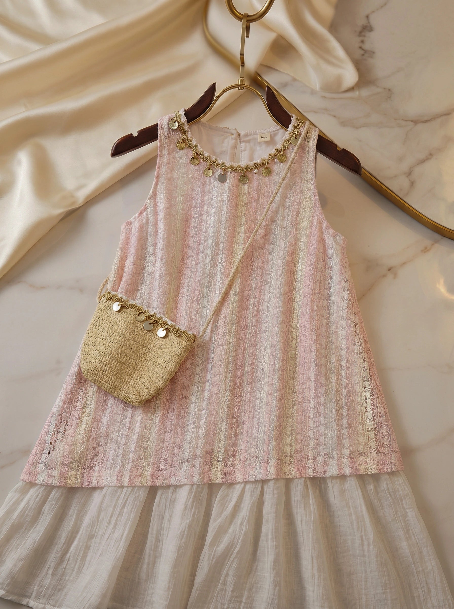 Luxury Imported Boho-Chic Pink Striped Tunic with Straw Crossbody Bag