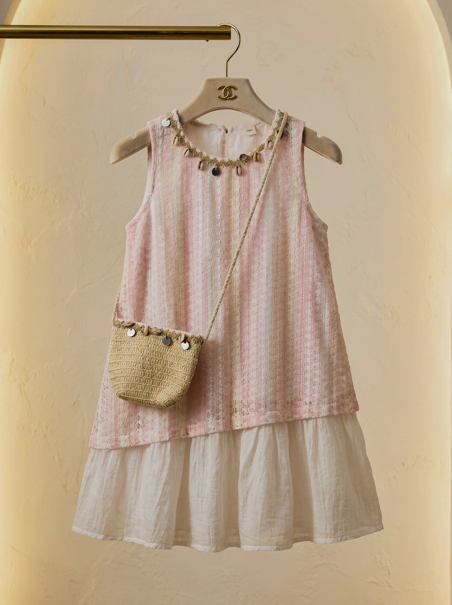 Luxury Imported Boho-Chic Pink Striped Tunic with Straw Crossbody Bag