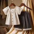 Imported  Floral Button-Down Blouse & Charcoal Shorts Set