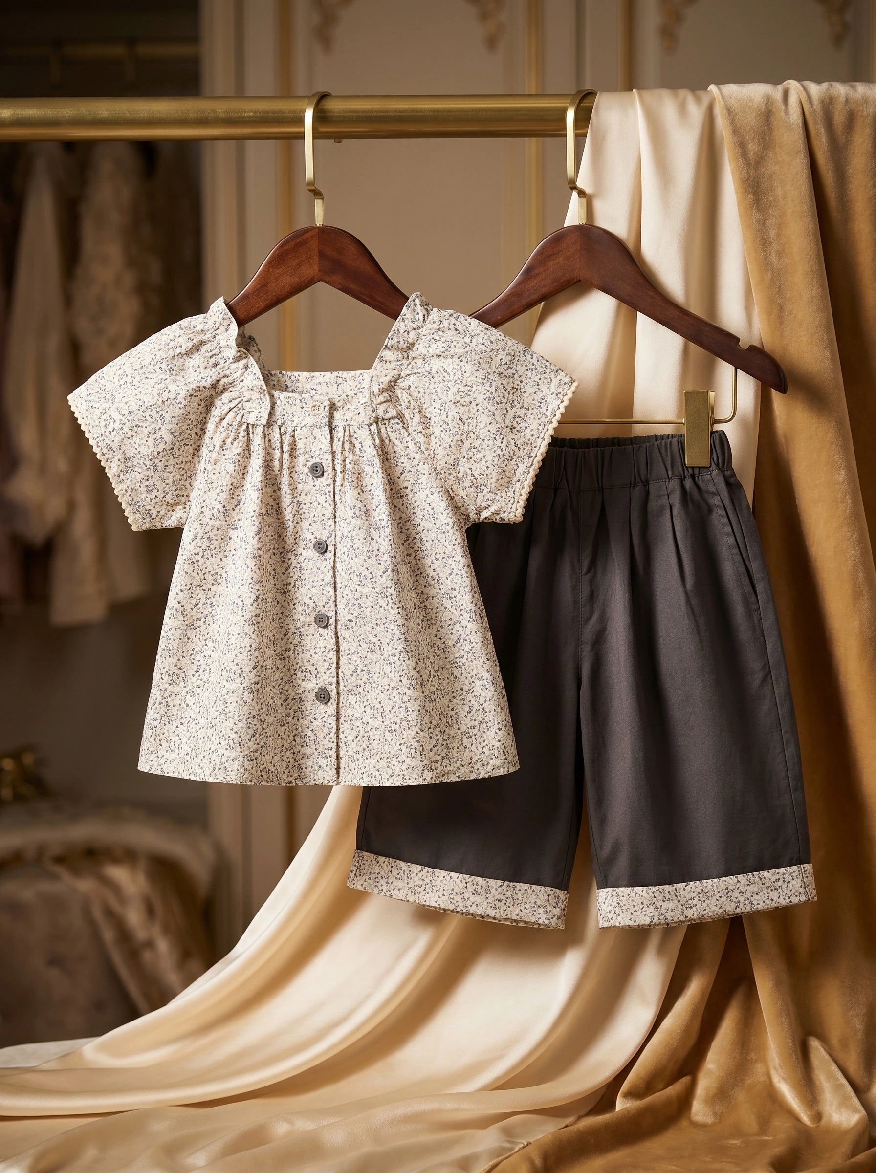 Imported  Floral Button-Down Blouse & Charcoal Shorts Set