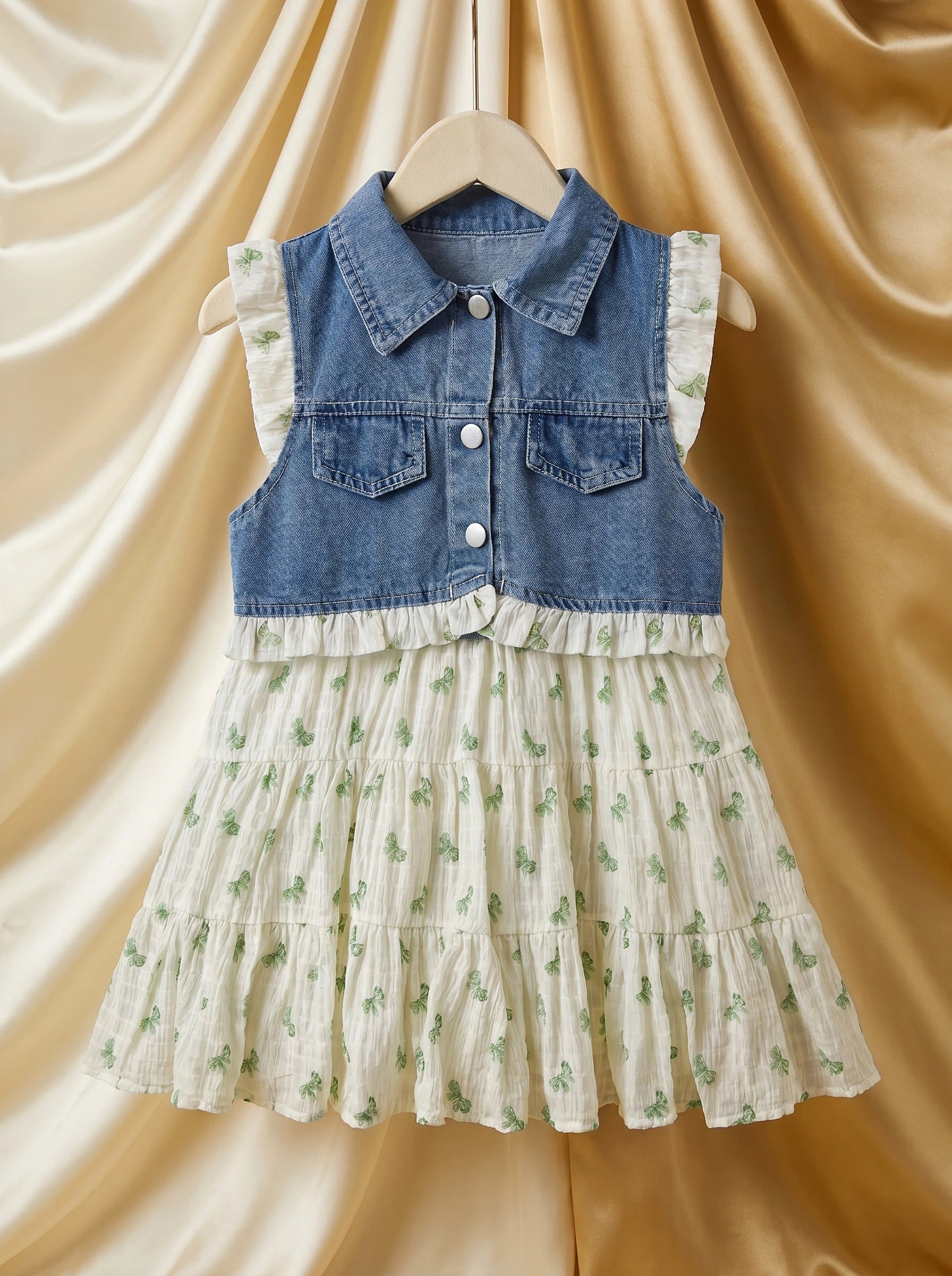 Luxury Imported Denim Vest & Green Bow-Print Tiered Dress Set