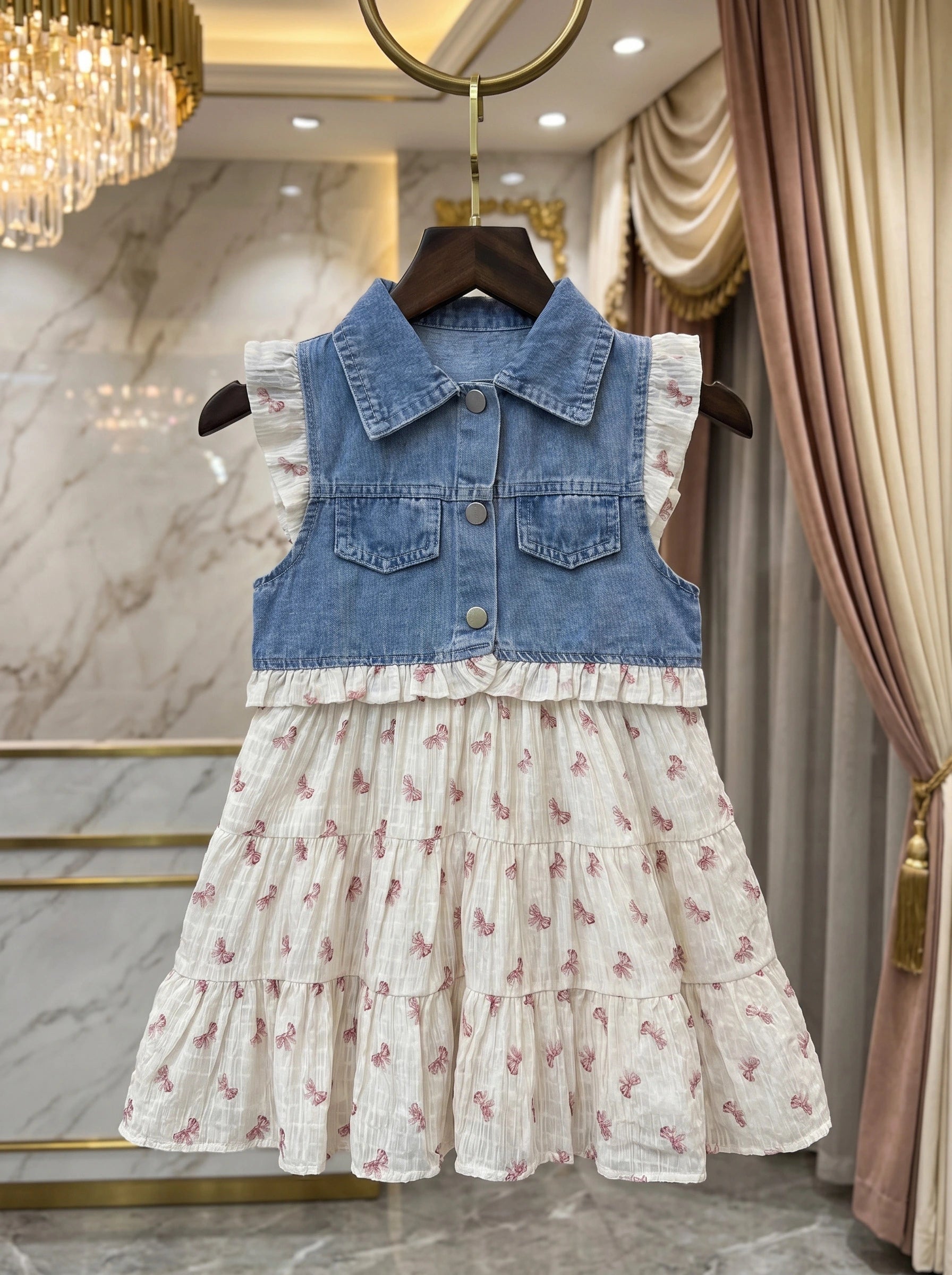 Luxury Imported Denim Vest & Bow-Print Tiered Dress Set