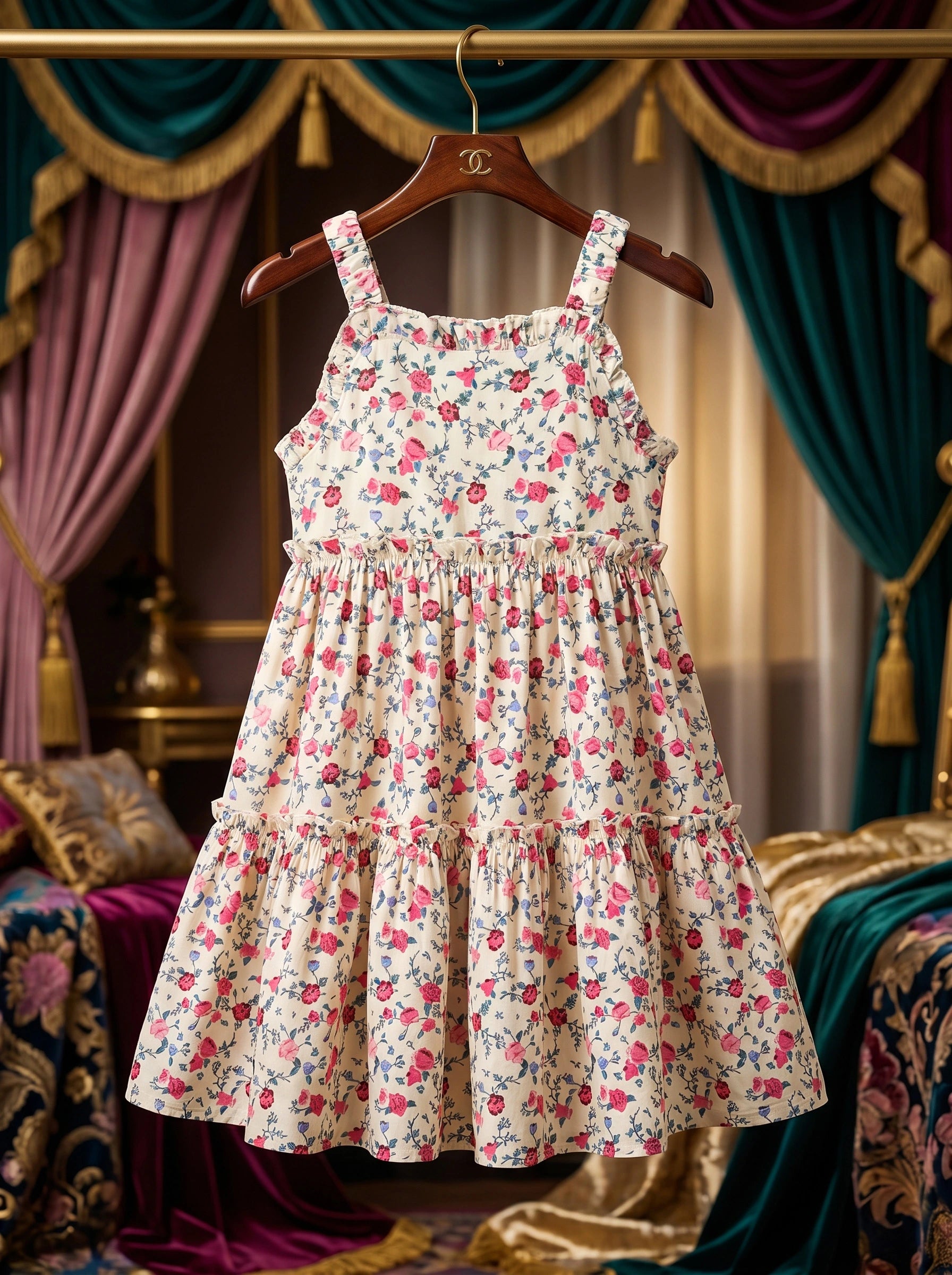 Premium Vibrant Pink Floral Tiered Sun Dress