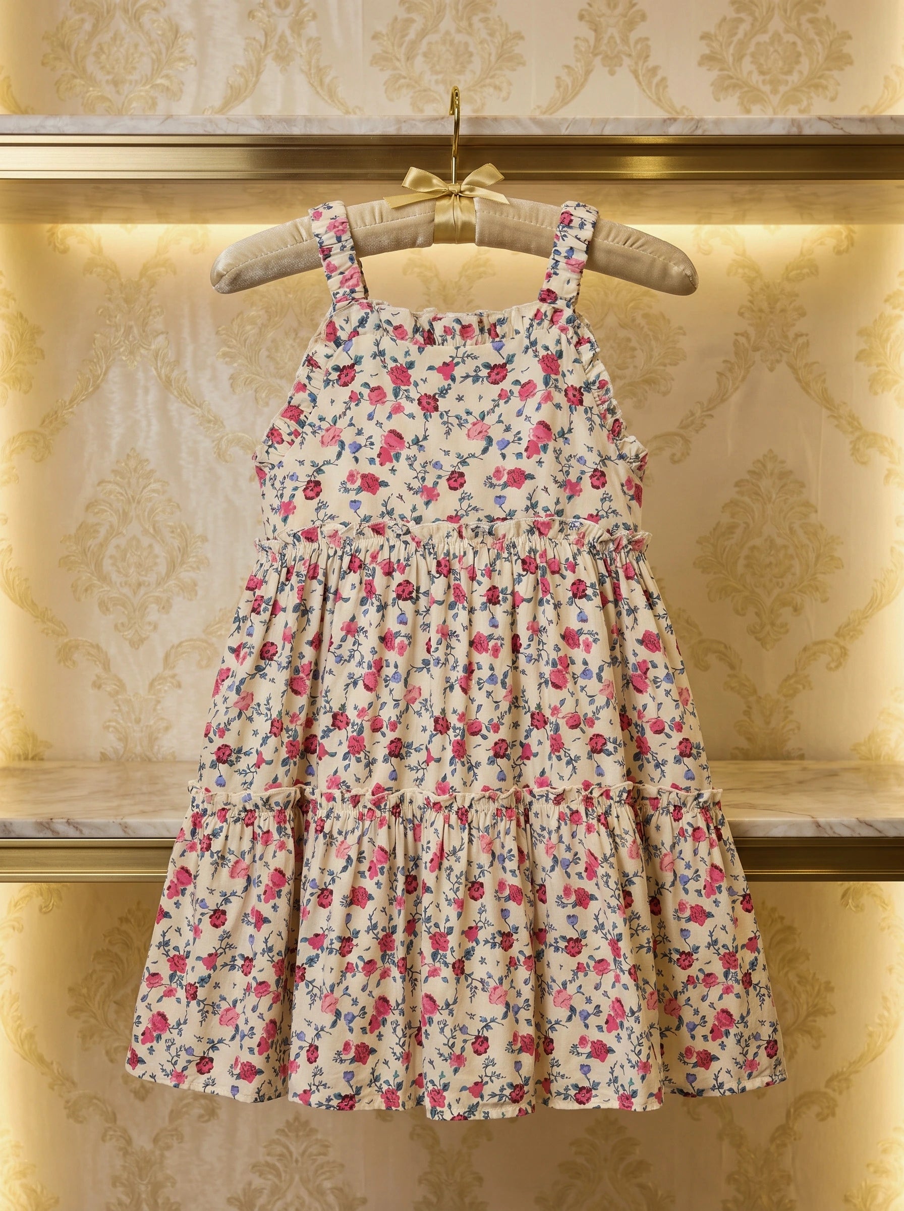 Premium Vibrant Pink Floral Tiered Sun Dress