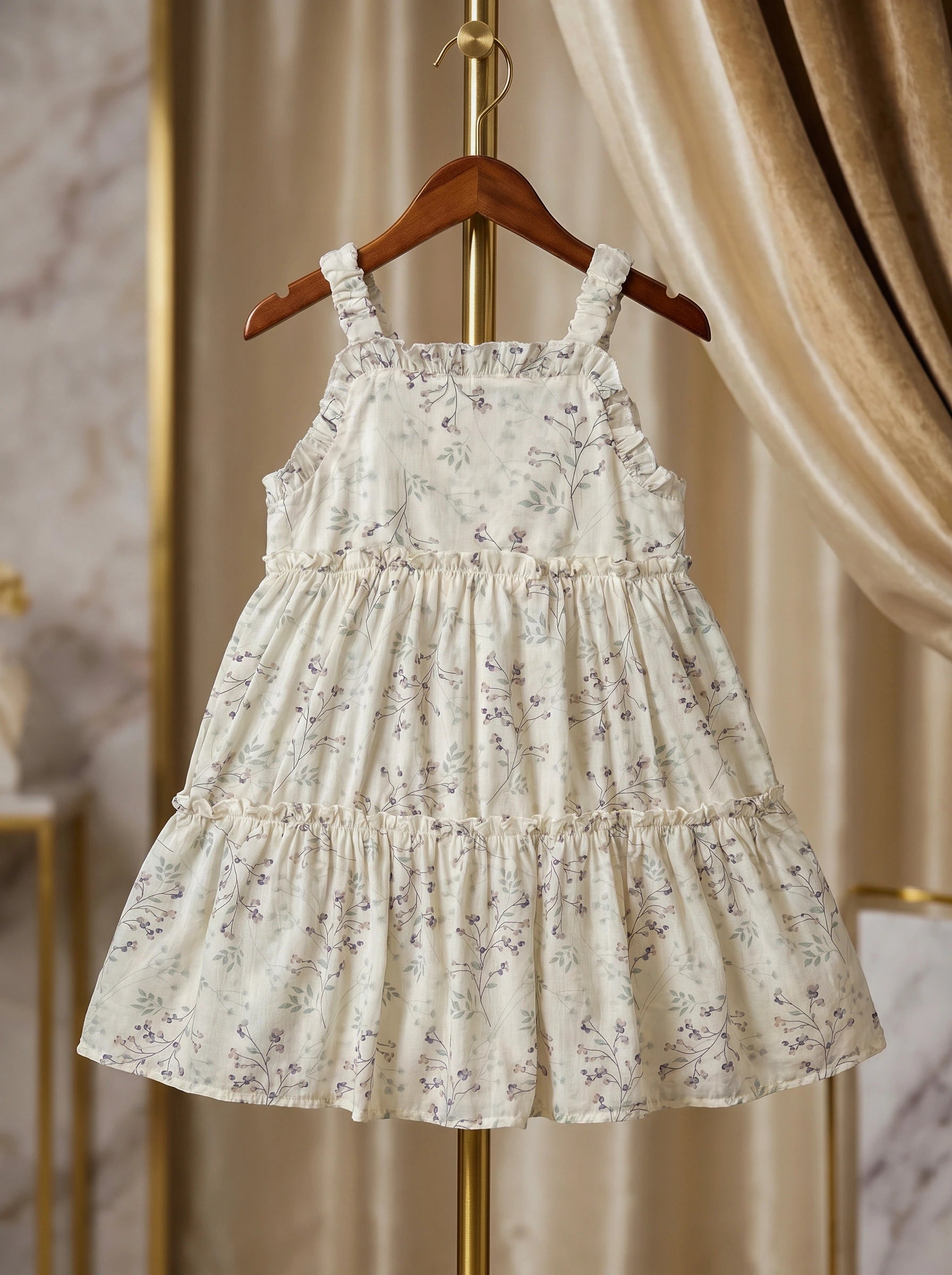 Premium Floral Branch Tiered Ruffle Sun Dress