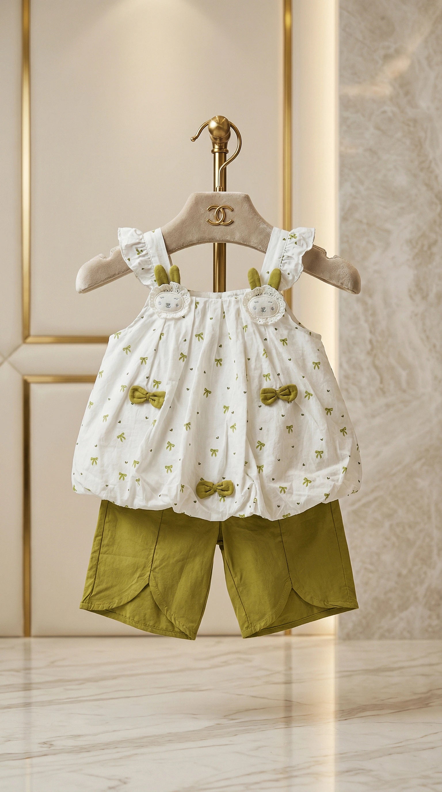 Bunny Motif Bubble Top & Olive Green Shorts Set