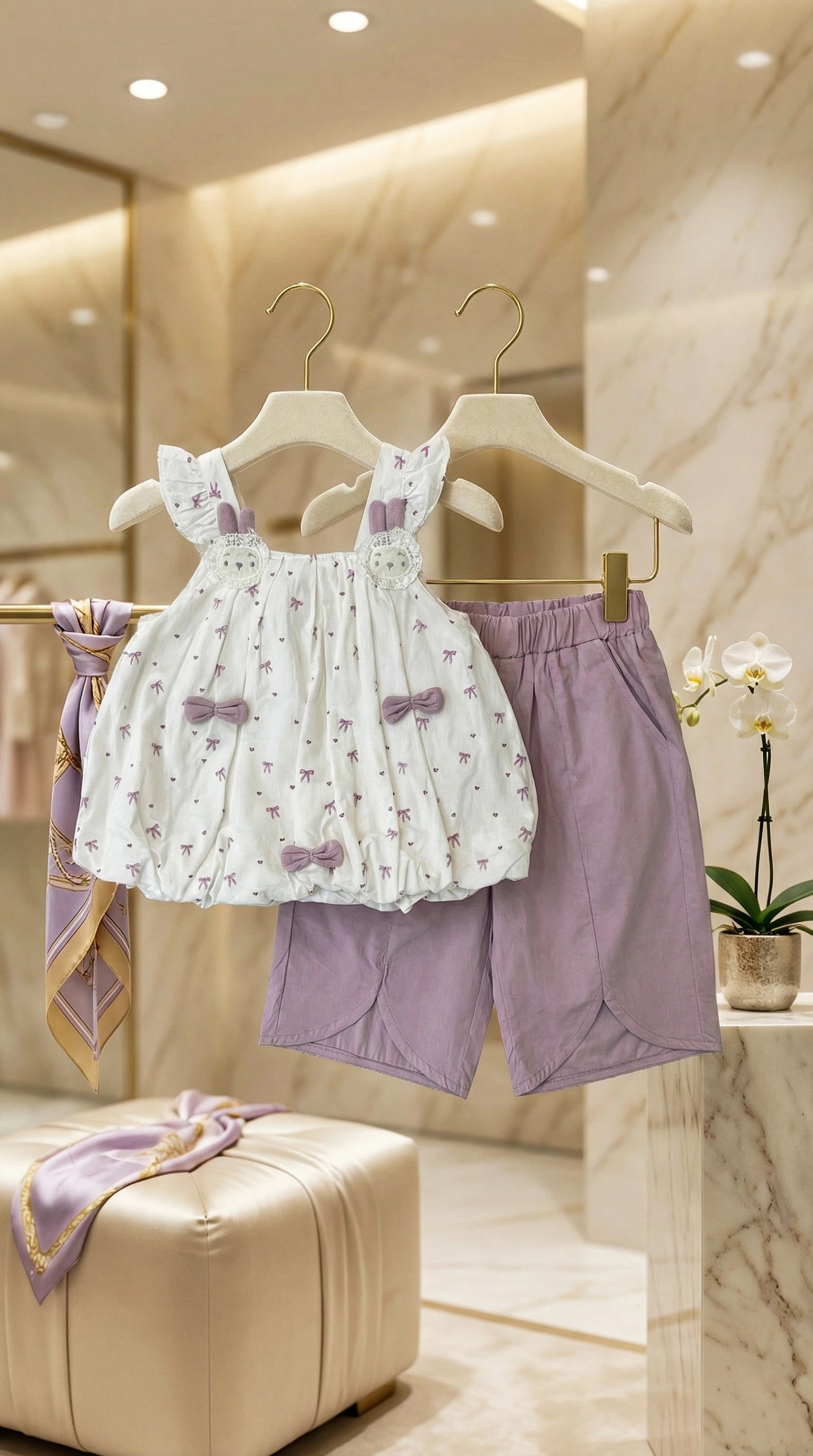 Bunny Motif Bubble Top & Mauve Shorts Set