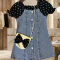 Girls' Denim Button-Front Dress with Midnight Bow Sleeves