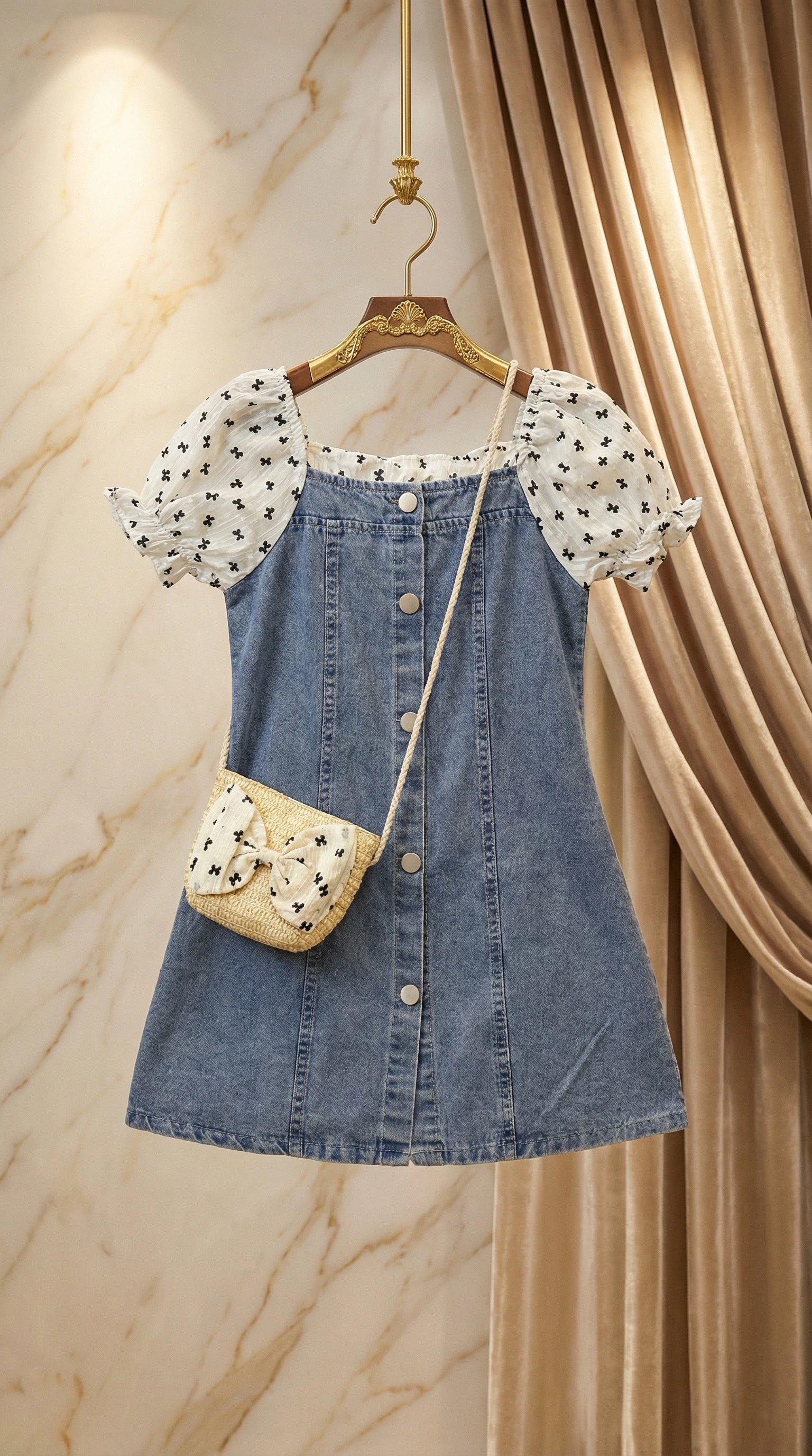 Denim Button-Front Dress with Bow-Print Sleeves