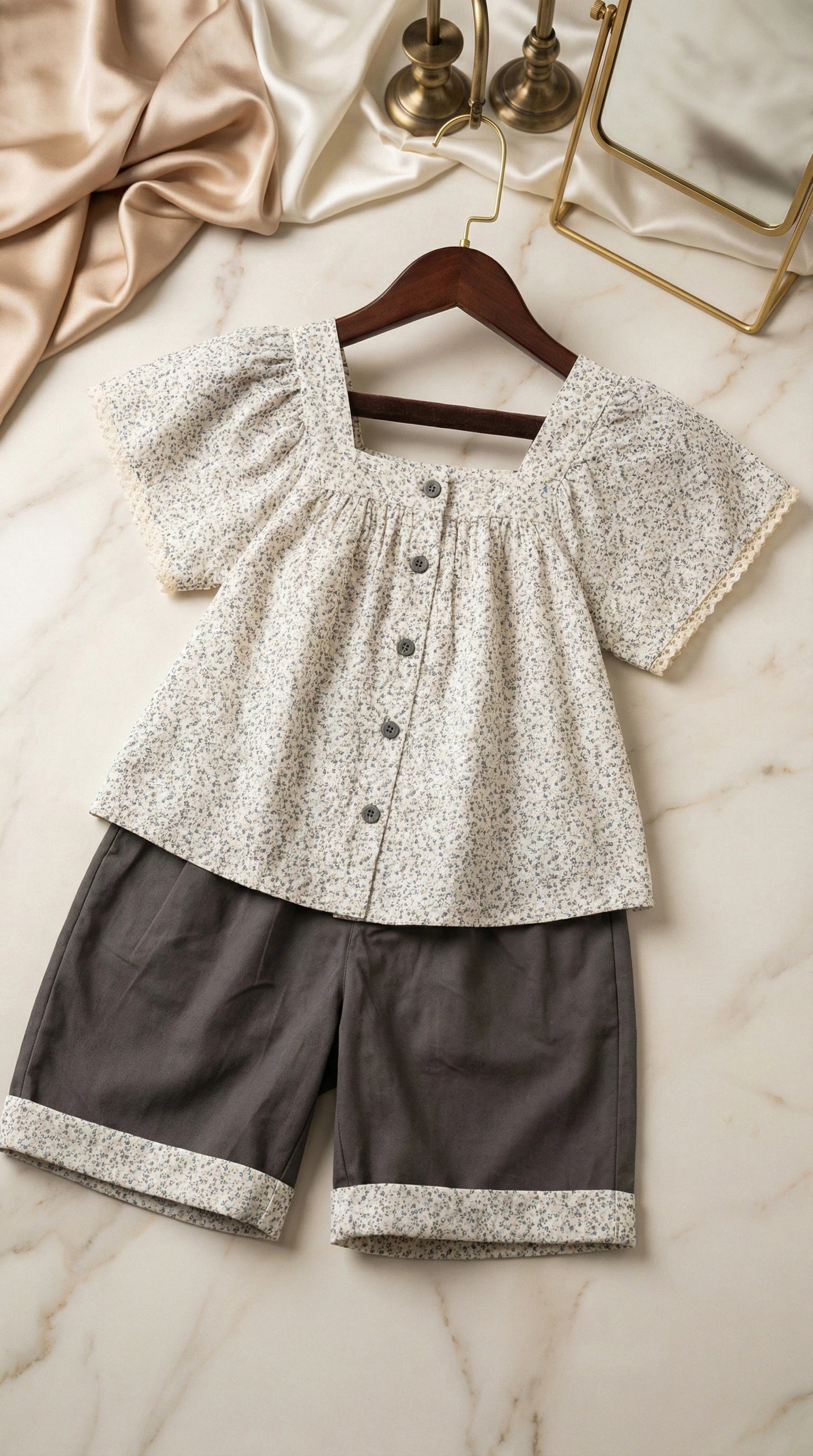 Floral Button-Down Blouse & Charcoal Shorts Set