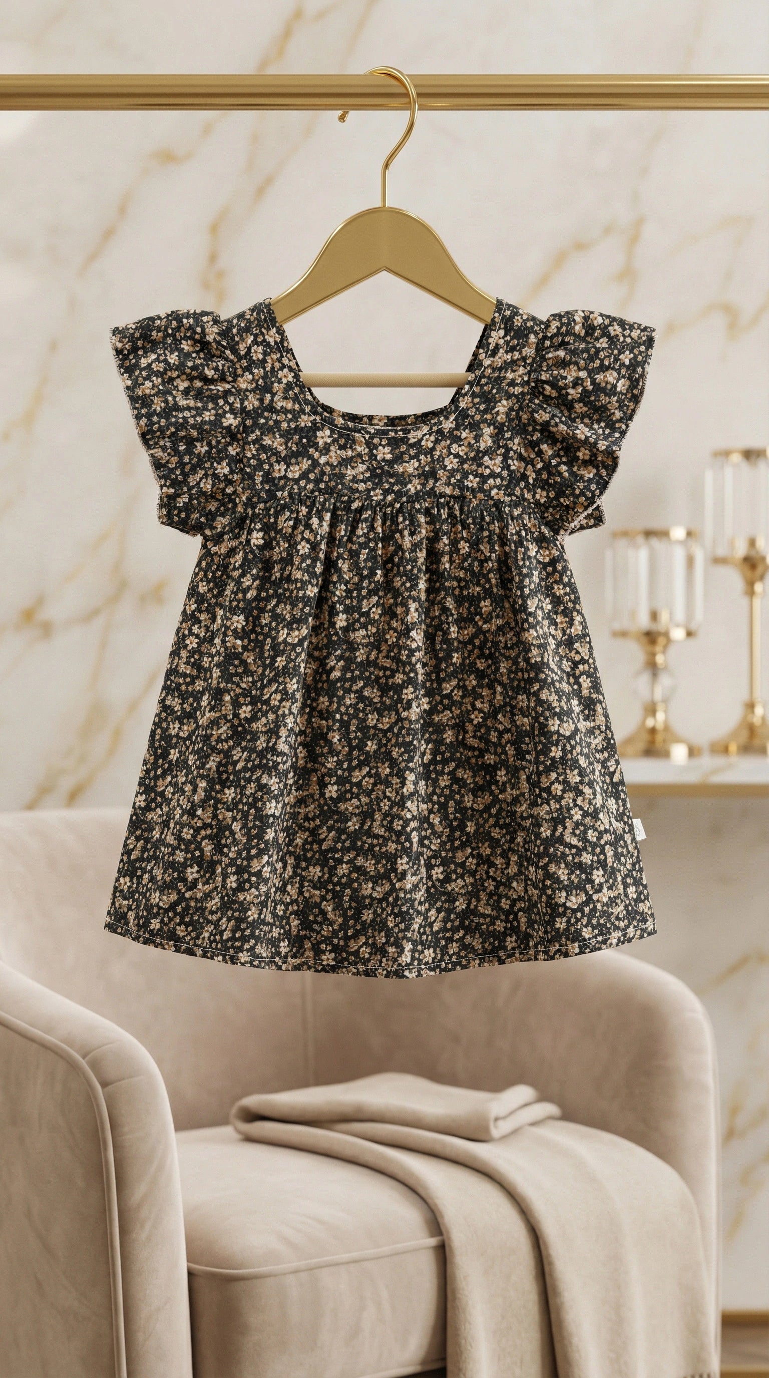 Luxury Flutter-Sleeve Vintage Floral Sun Dress