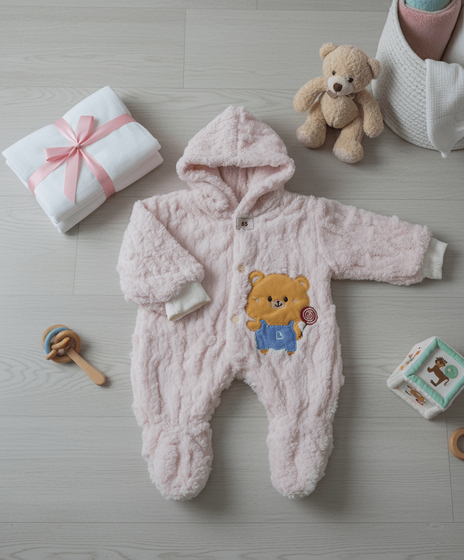 Powder Pink Imported Fleece Baby Romper with Hood