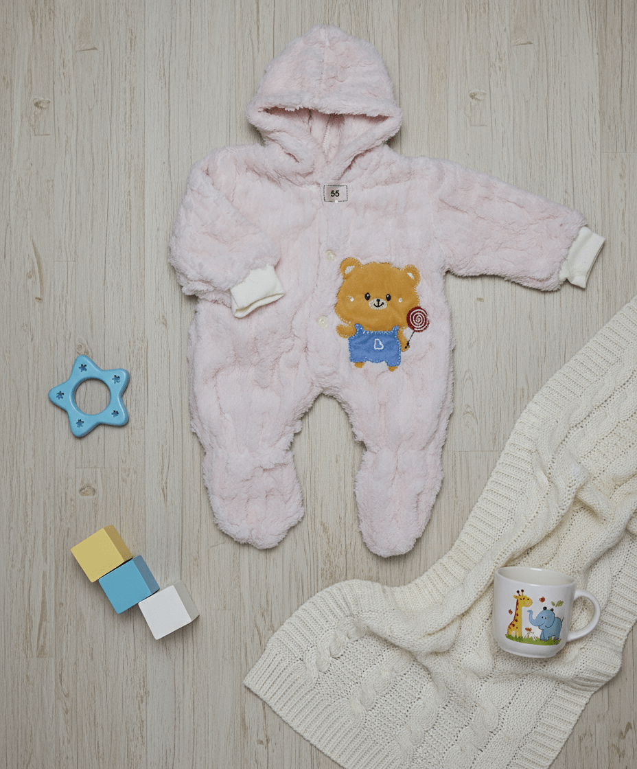 Powder Pink Imported Fleece Baby Romper with Hood